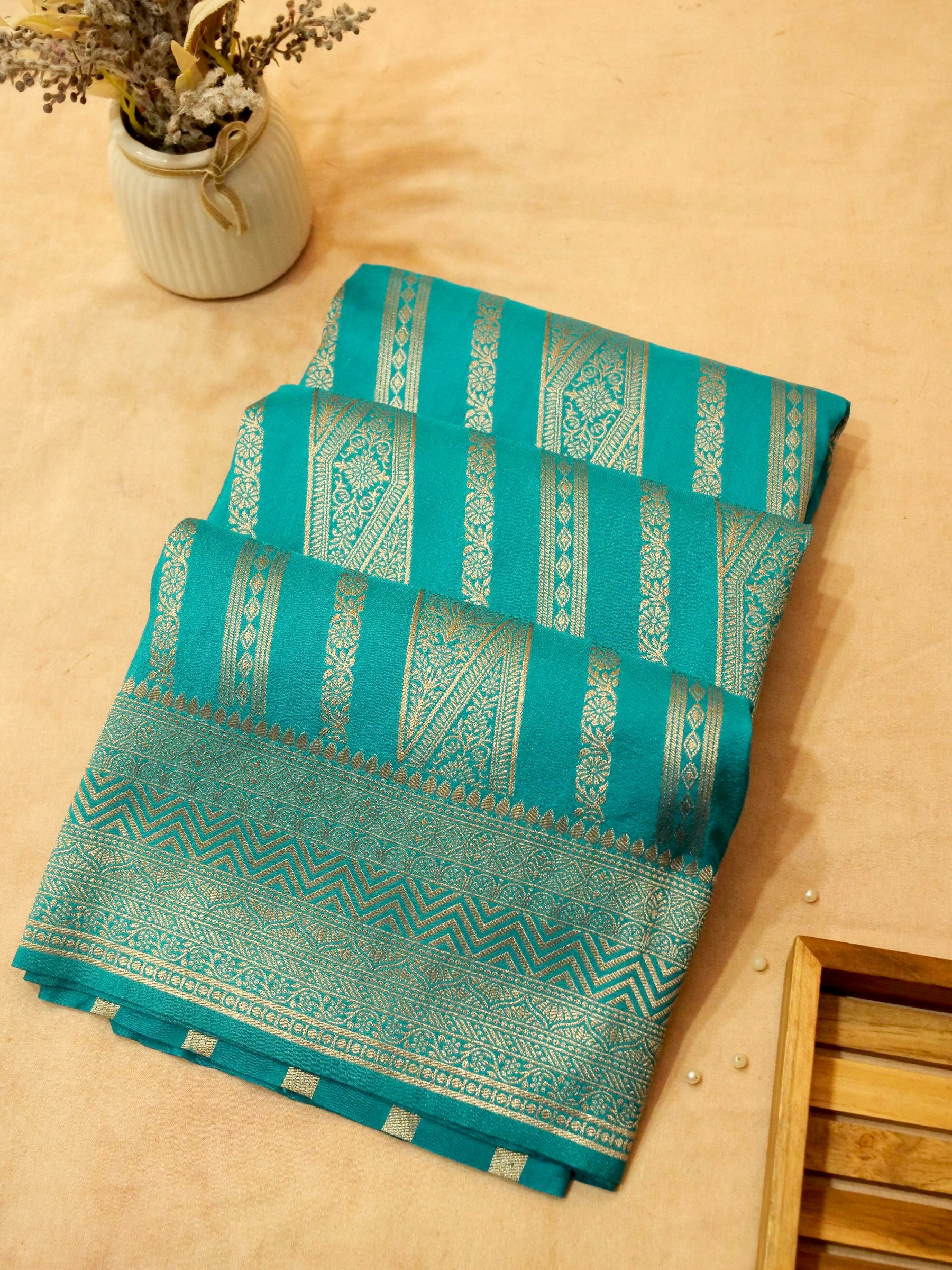 Teal Crepe Georgette Silk Saree with Gold Zari
