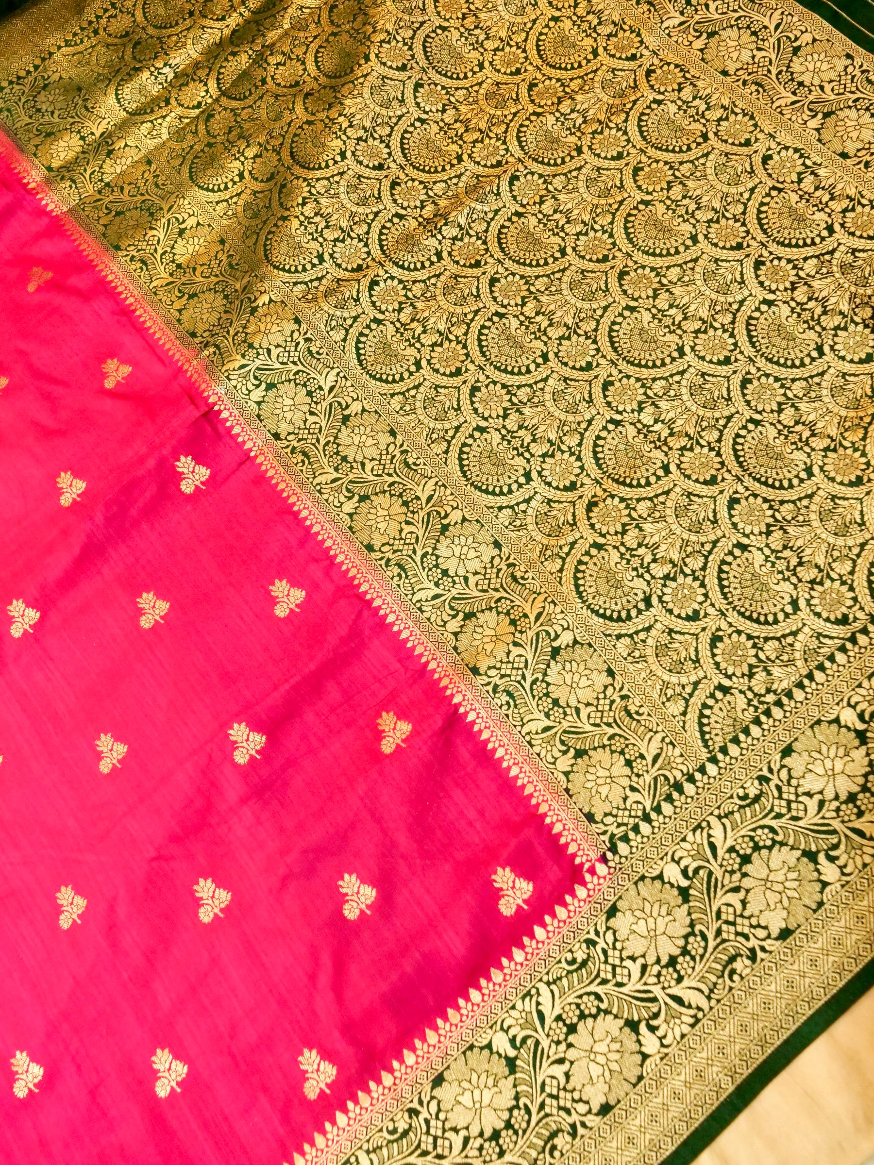 Rani Pink Semi Katan Silk Saree with Green Zari Border
