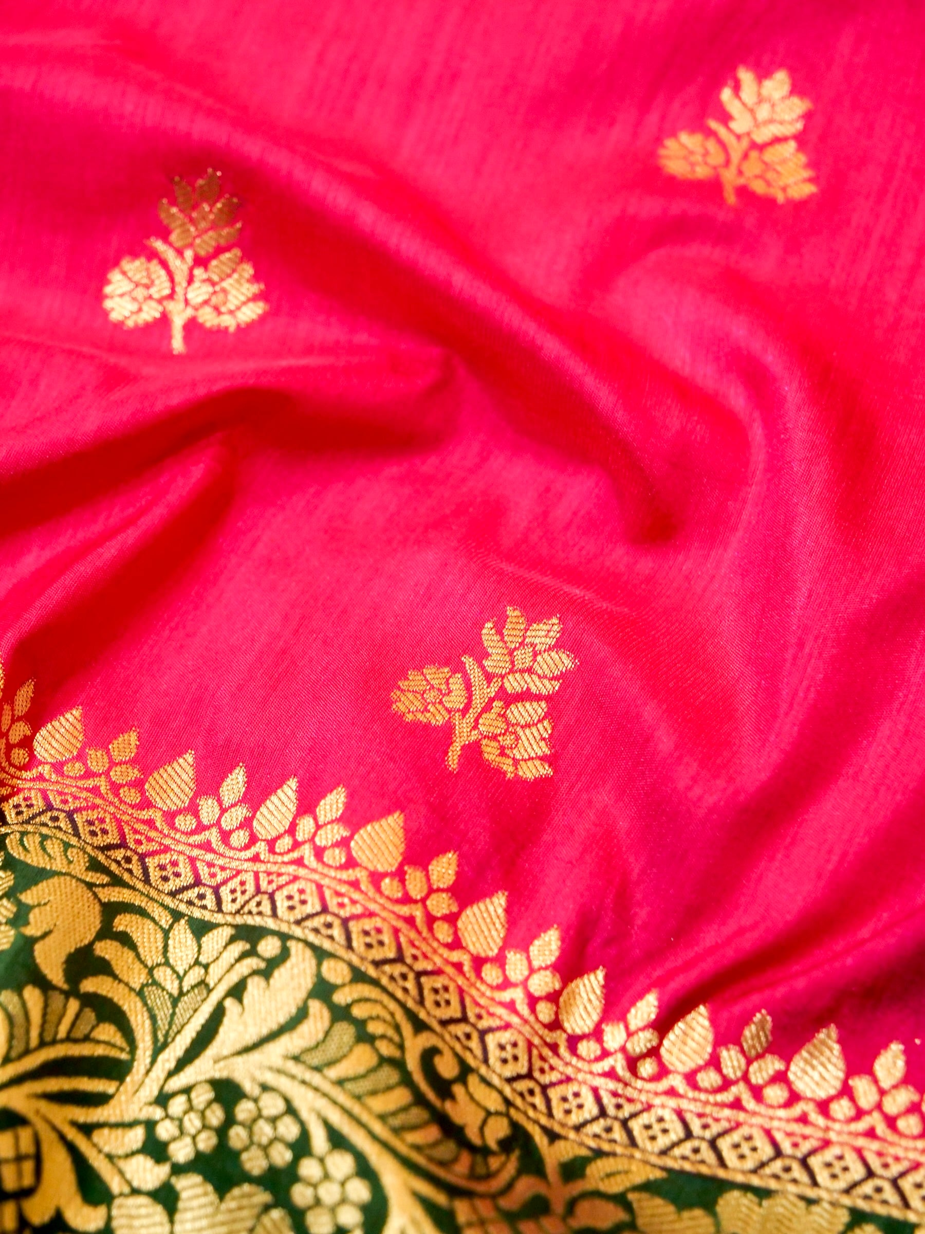 Rani Pink Semi Katan Silk Saree with Green Zari Border