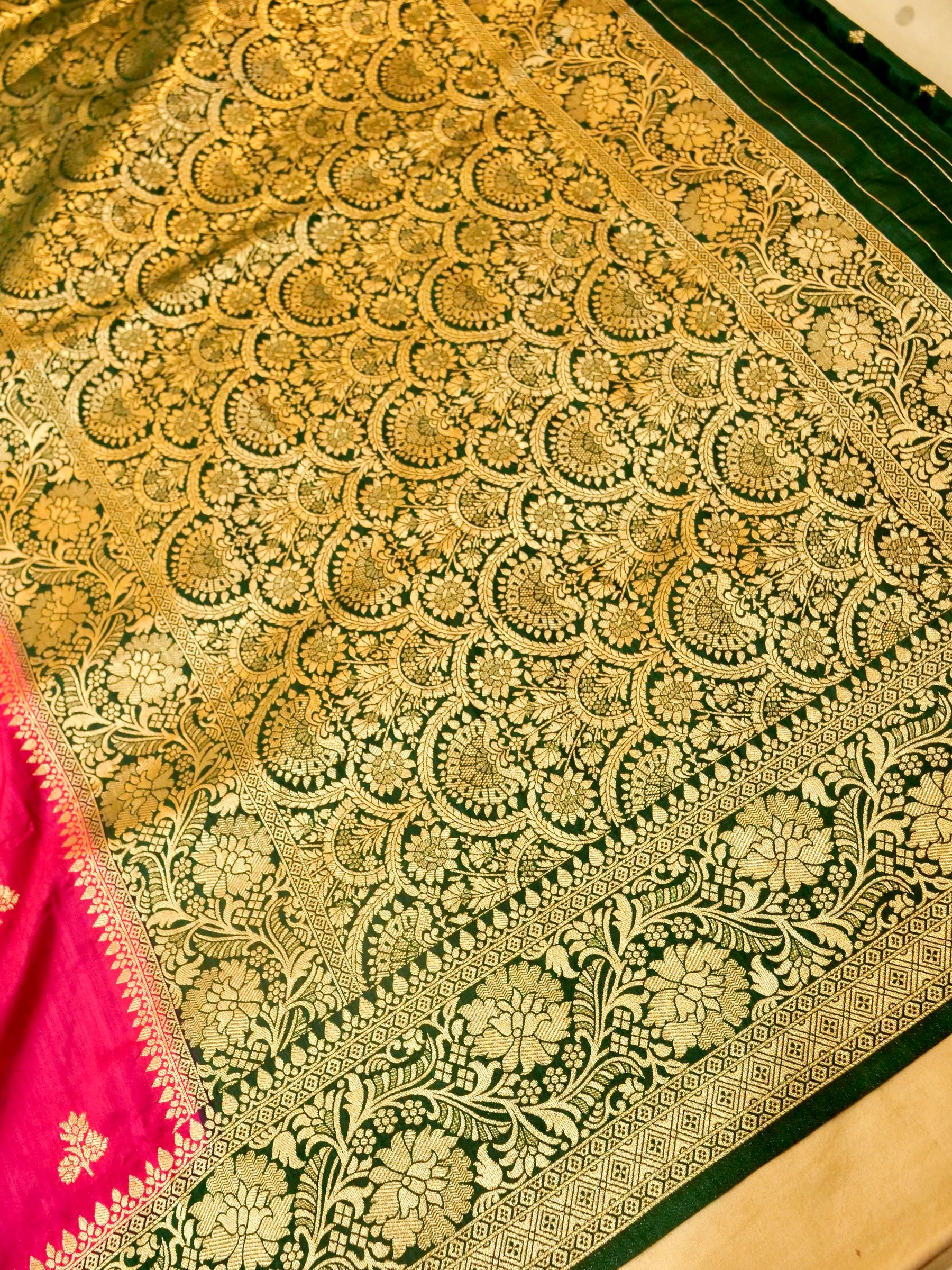 Rani Pink Semi Katan Silk Saree with Green Zari Border