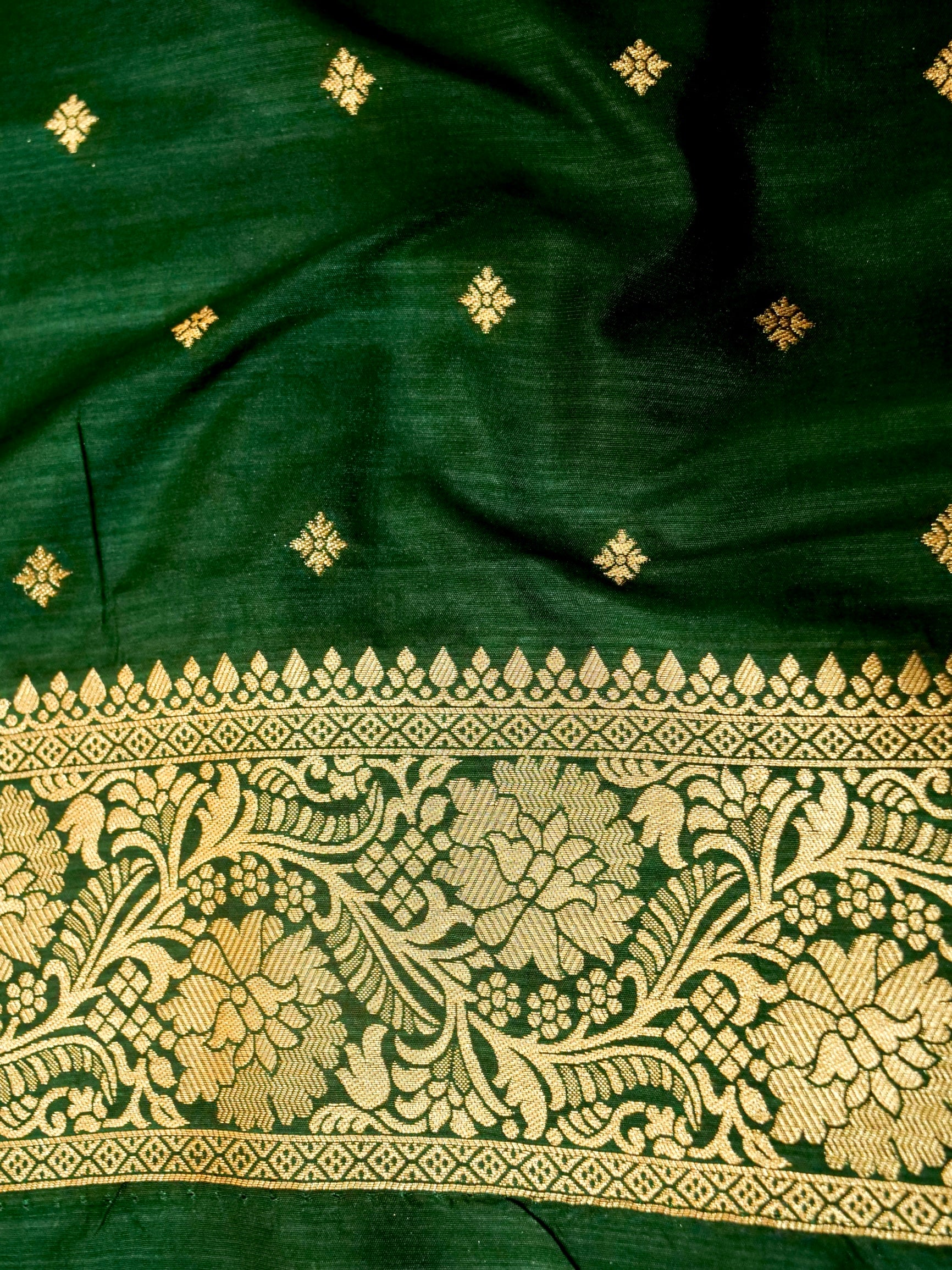 Rani Pink Semi Katan Silk Saree with Green Zari Border