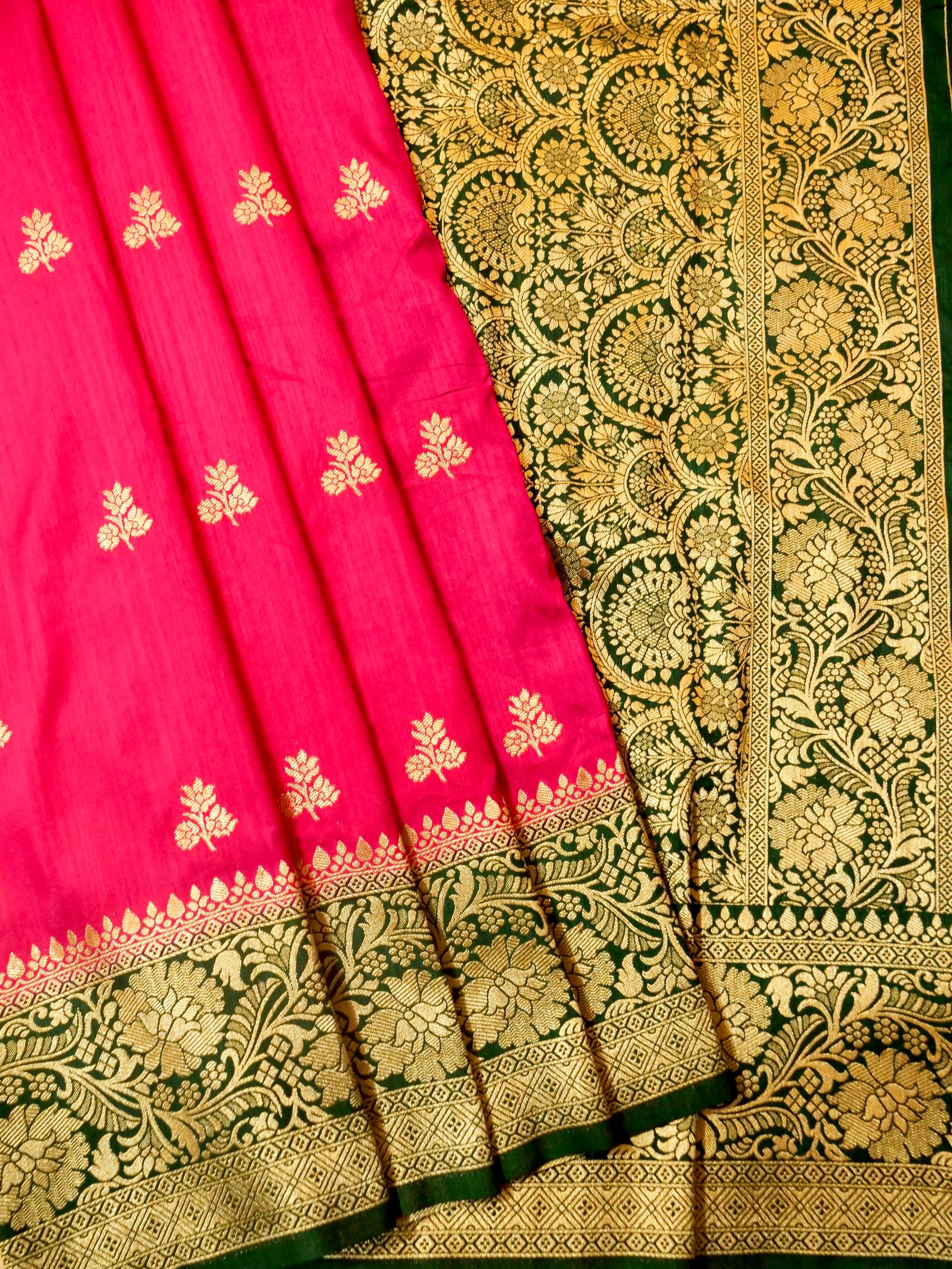 Rani Pink Semi Katan Silk Saree with Green Zari Border
