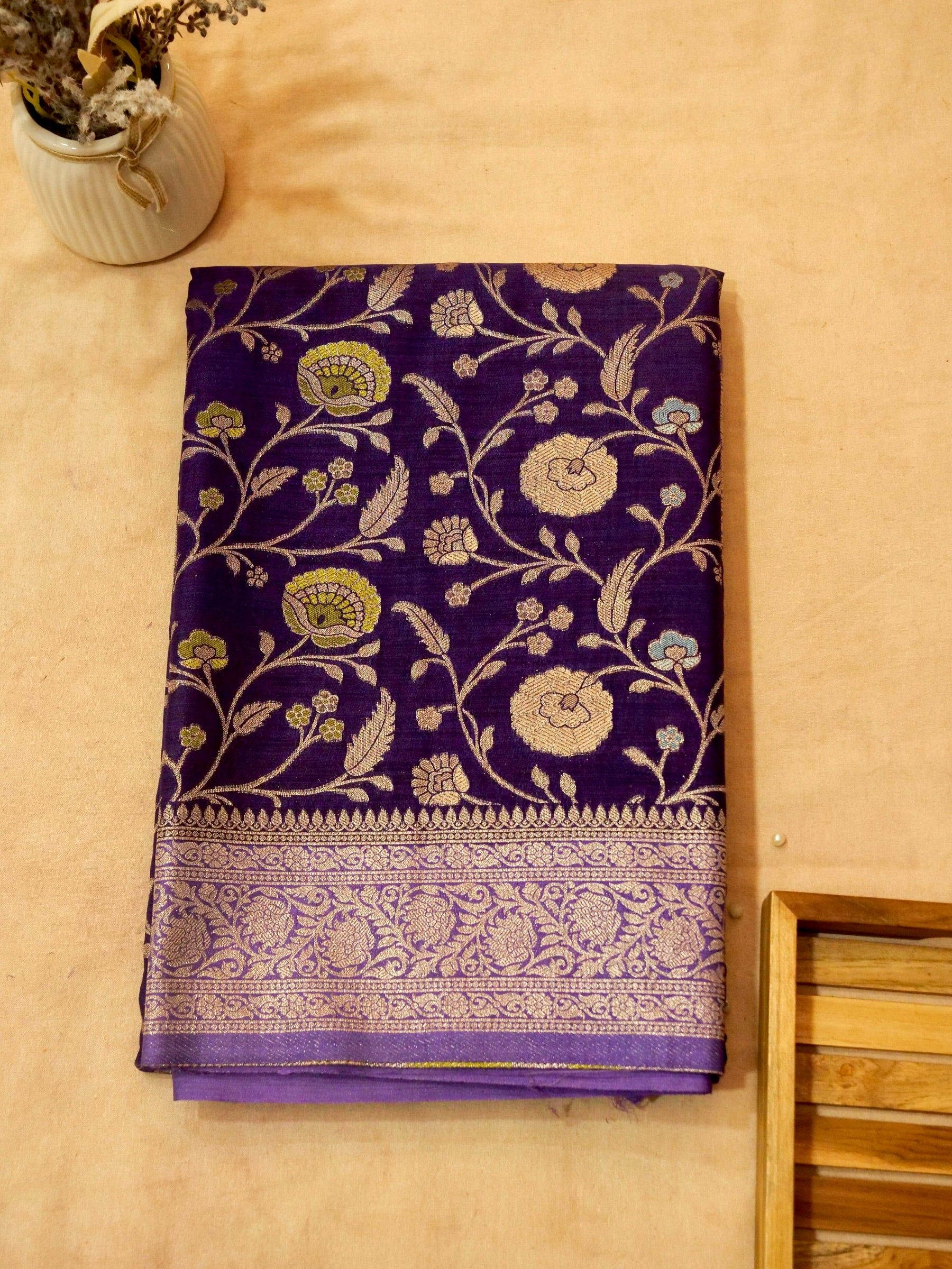 Royal Purple Raw Silk Saree with Intricate Silver Floral Weaving