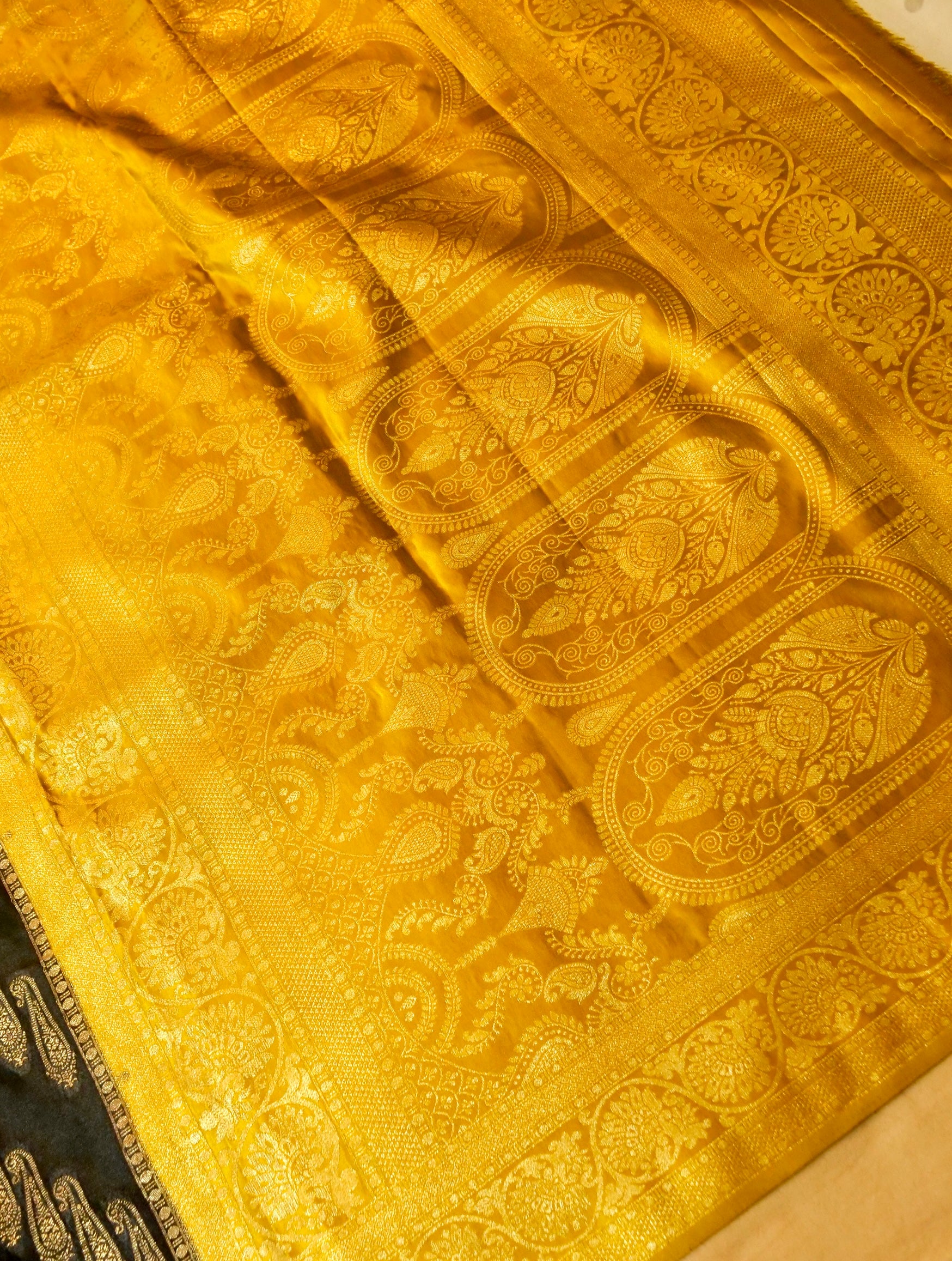 Classic Black Satin Mashru Silk Saree with Gold Zari Border