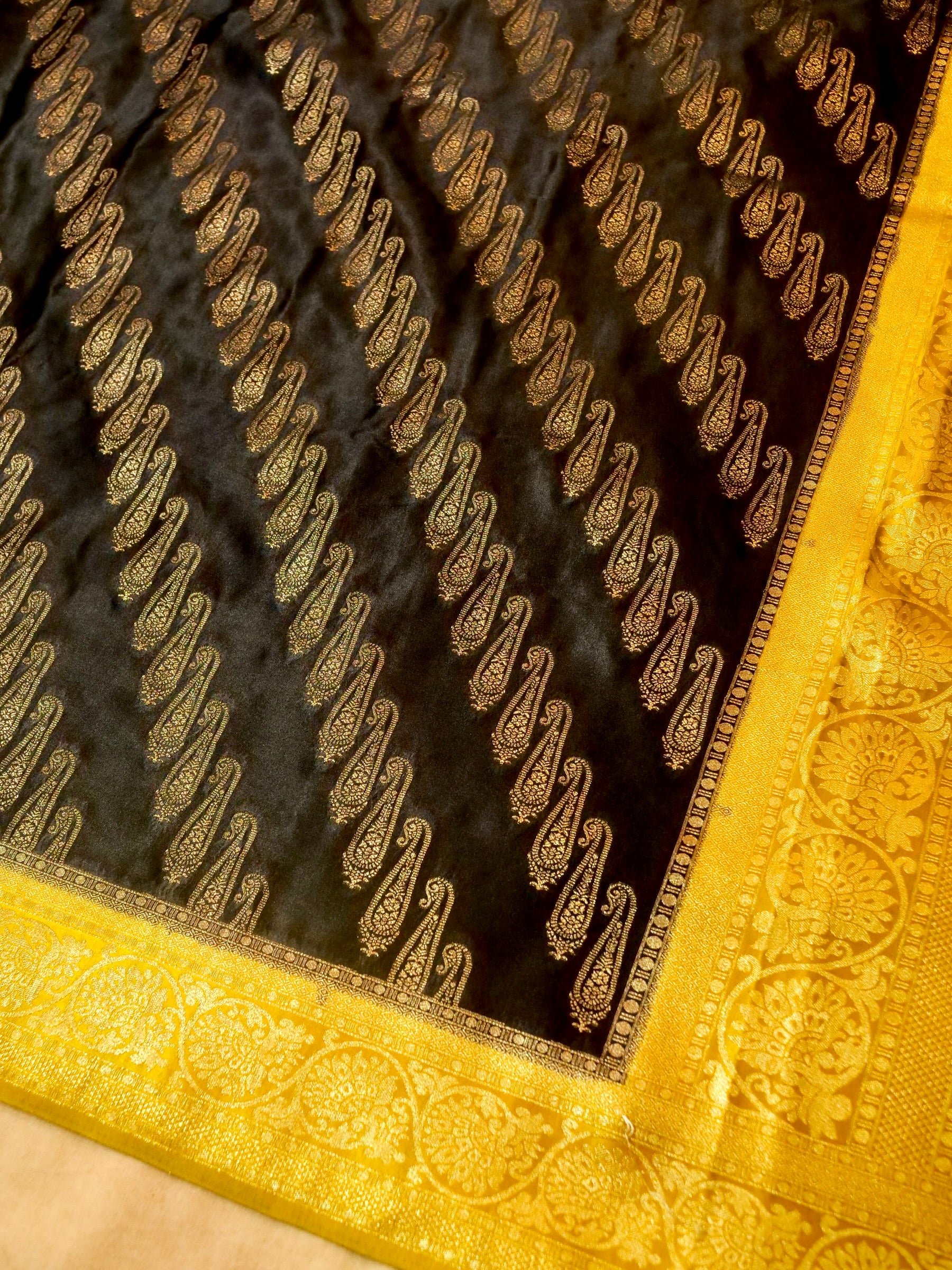 Classic Black Satin Mashru Silk Saree with Gold Zari Border