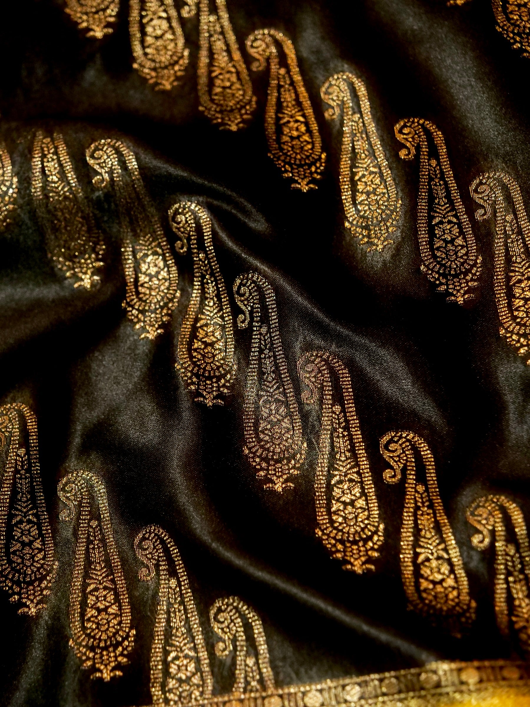 Classic Black Satin Mashru Silk Saree with Gold Zari Border