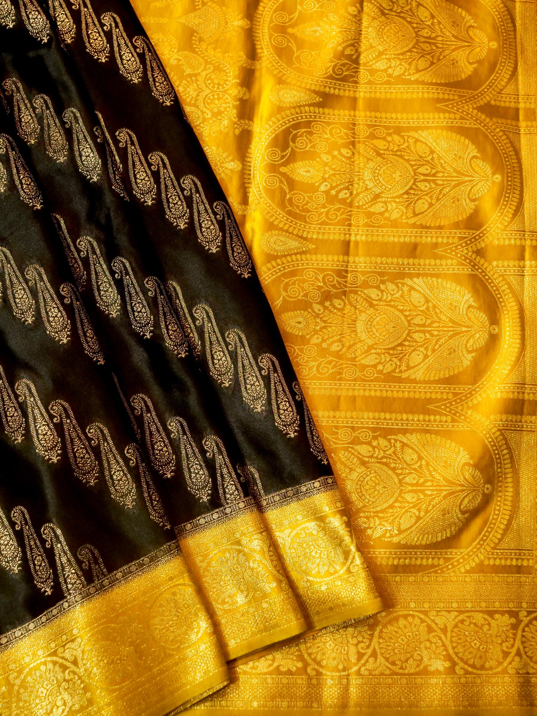 Classic Black Satin Mashru Silk Saree with Gold Zari Border