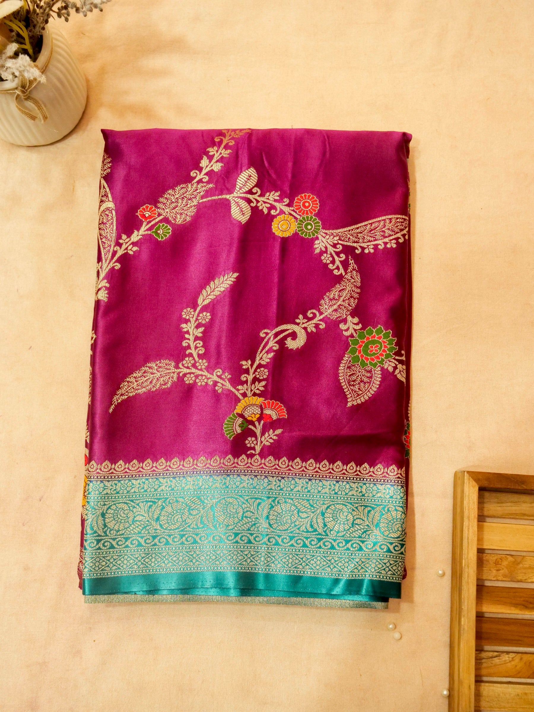Rani Pink Satin Mashru Silk Saree with Teal Zari Border