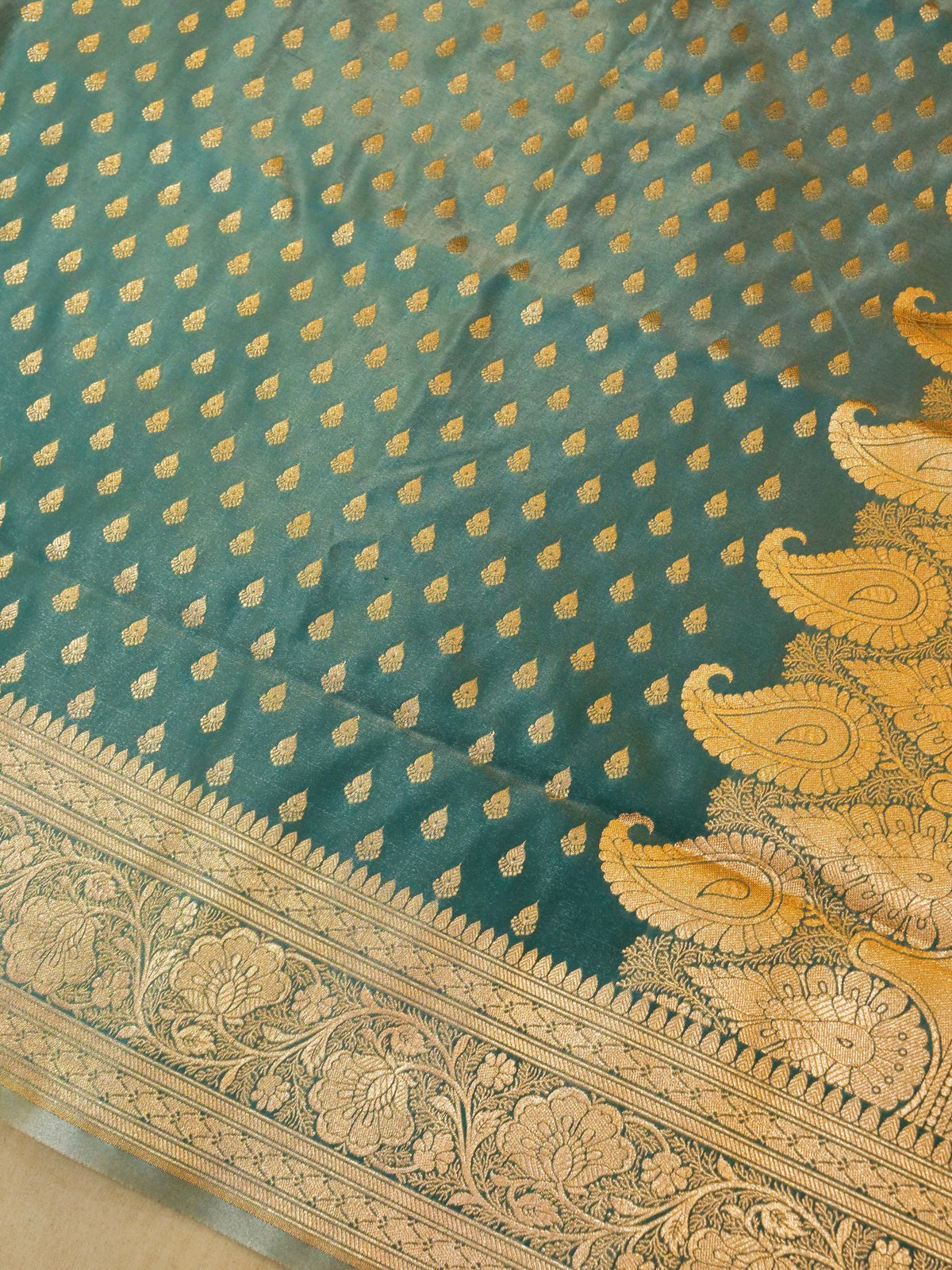 Rich Teal Blue Banarasi Silk Saree with Gold Zari Weaving