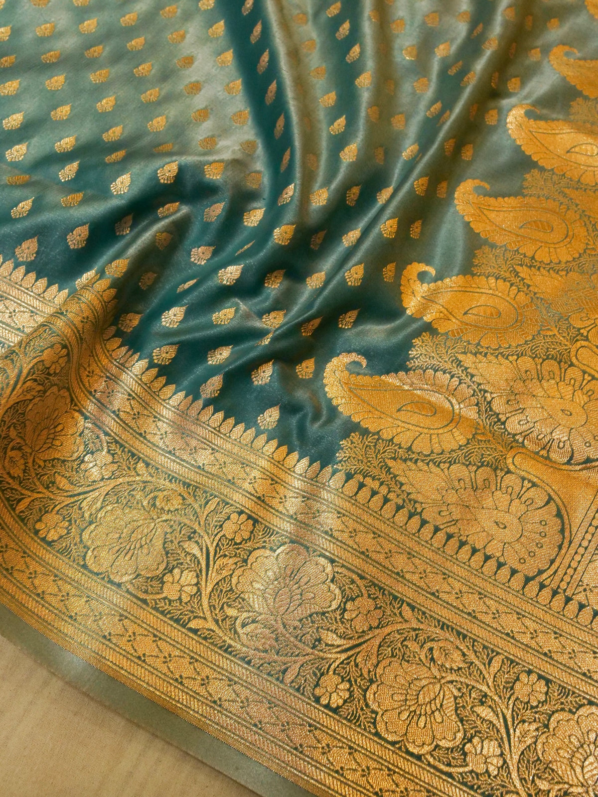 Rich Teal Blue Banarasi Silk Saree with Gold Zari Weaving