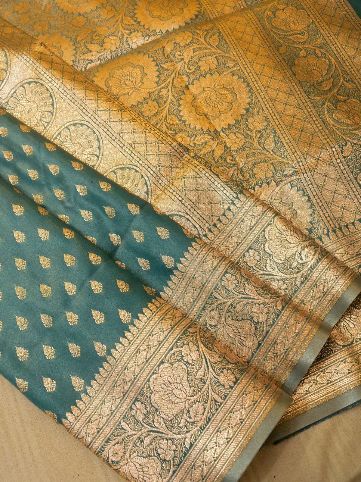 Rich Teal Blue Banarasi Silk Saree with Gold Zari Weaving
