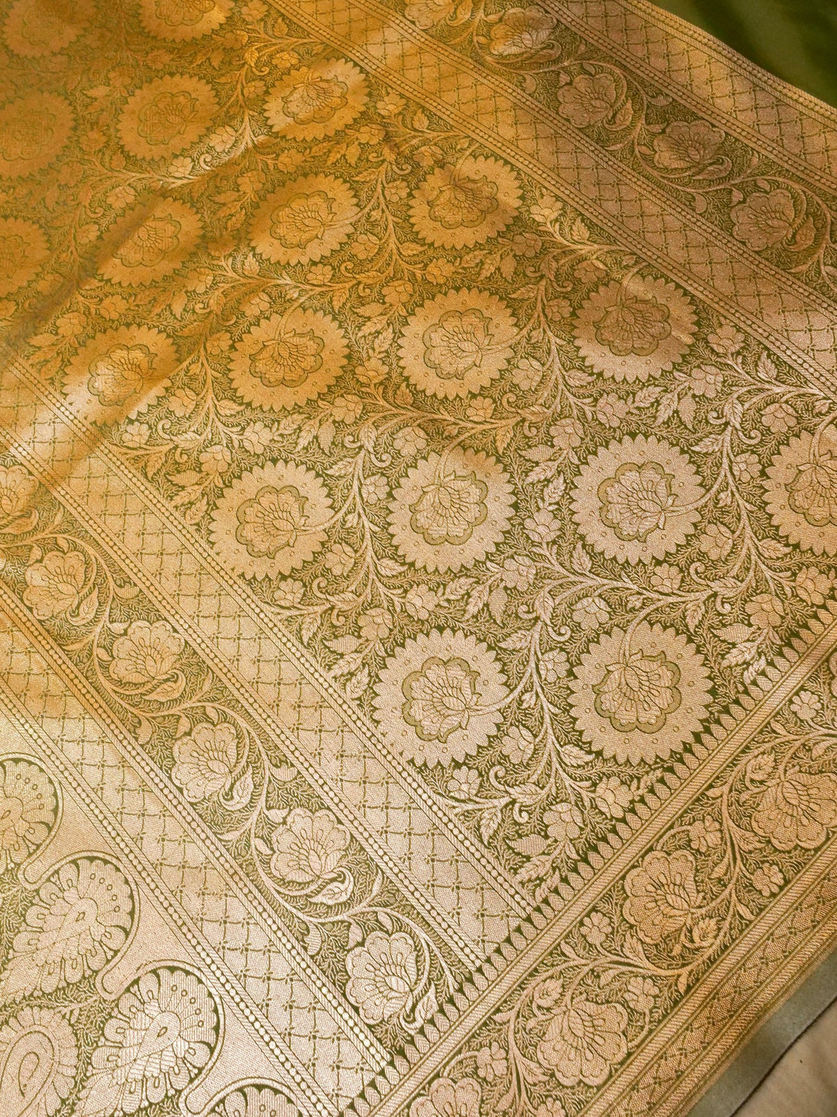 Rich Olive Green Banarasi Silk Saree with Gold Zari Weaving