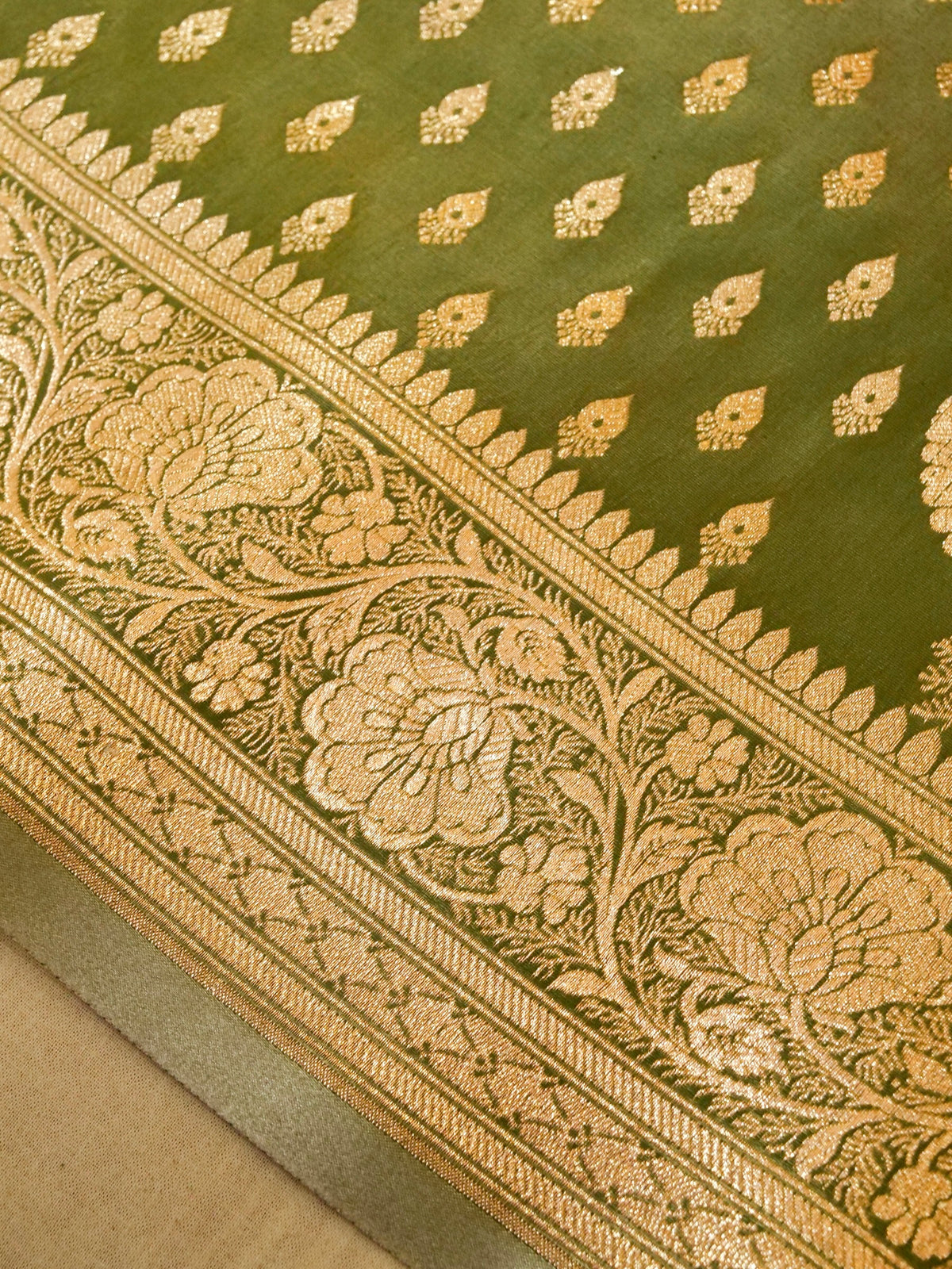Rich Olive Green Banarasi Silk Saree with Gold Zari Weaving