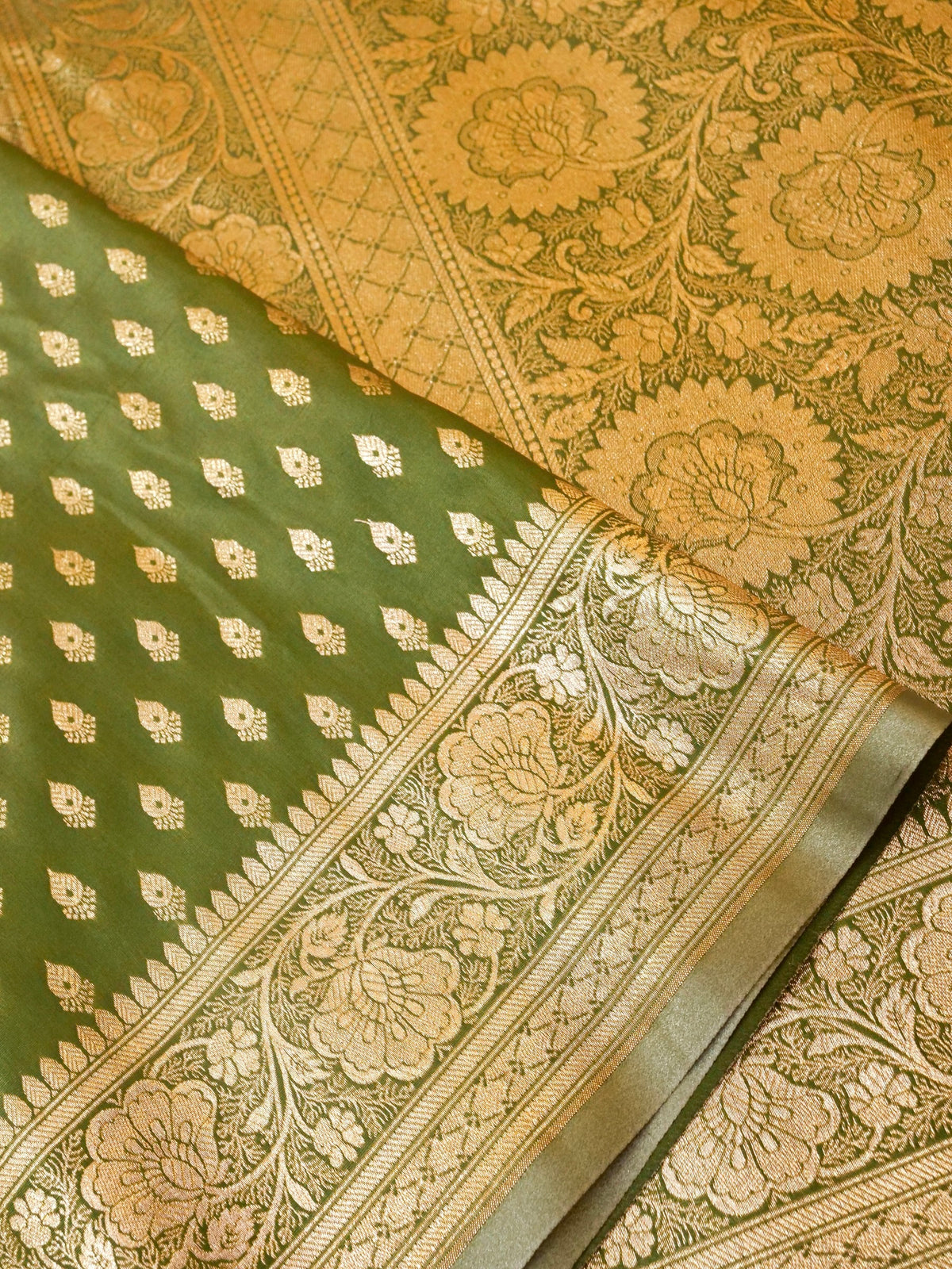 Rich Olive Green Banarasi Silk Saree with Gold Zari Weaving