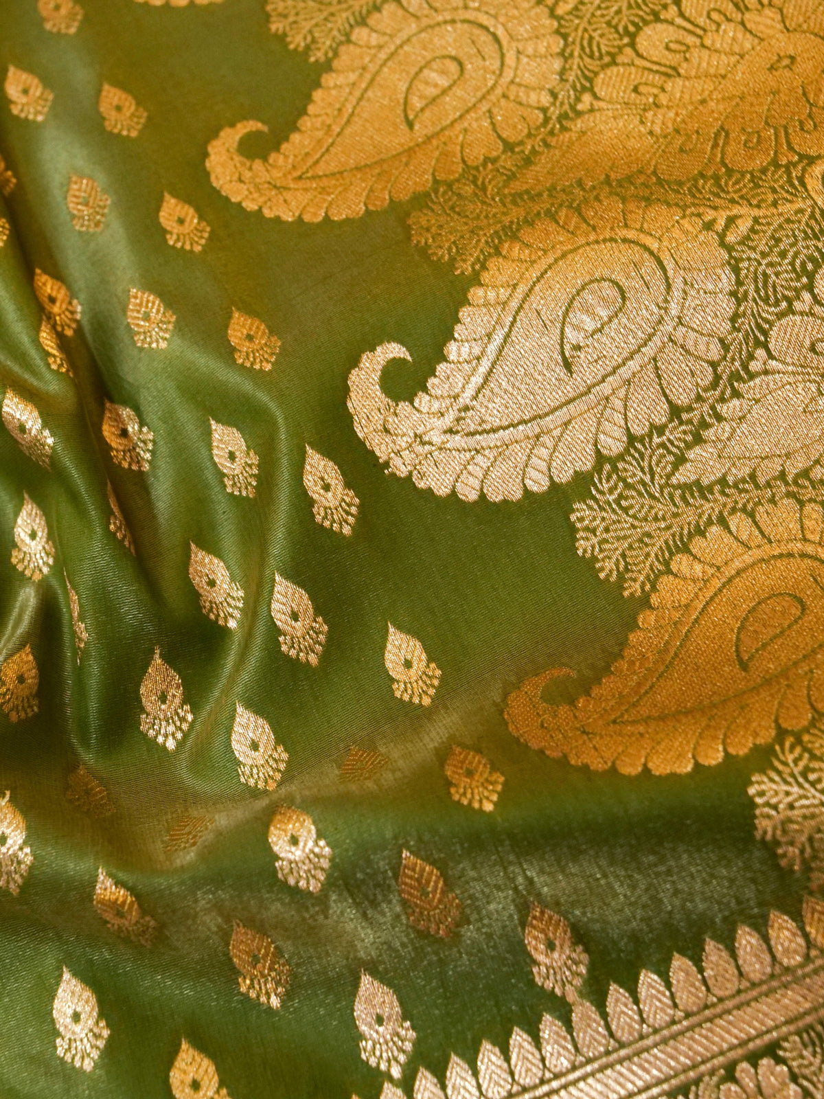 Rich Olive Green Banarasi Silk Saree with Gold Zari Weaving