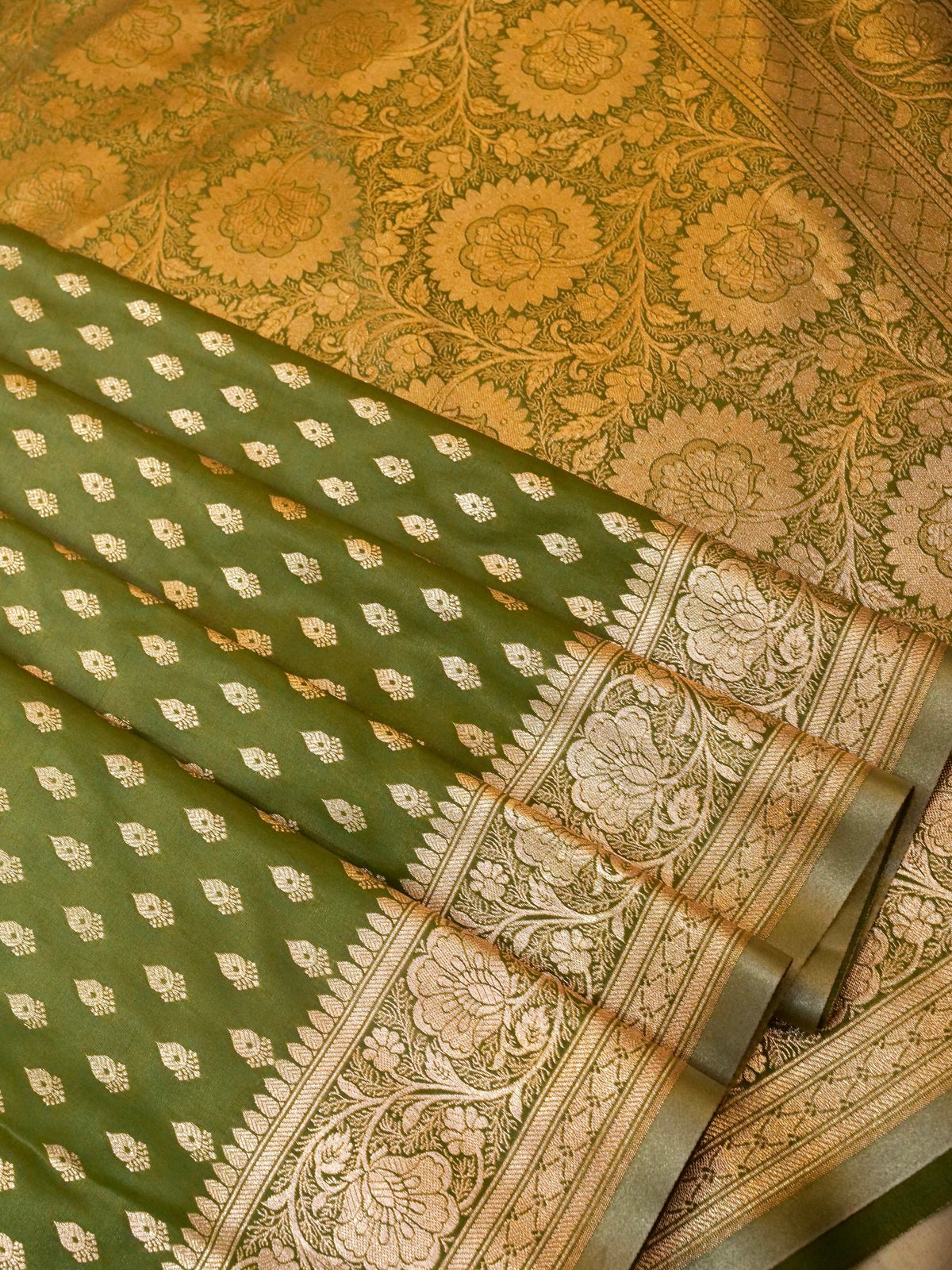 Rich Olive Green Banarasi Silk Saree with Gold Zari Weaving