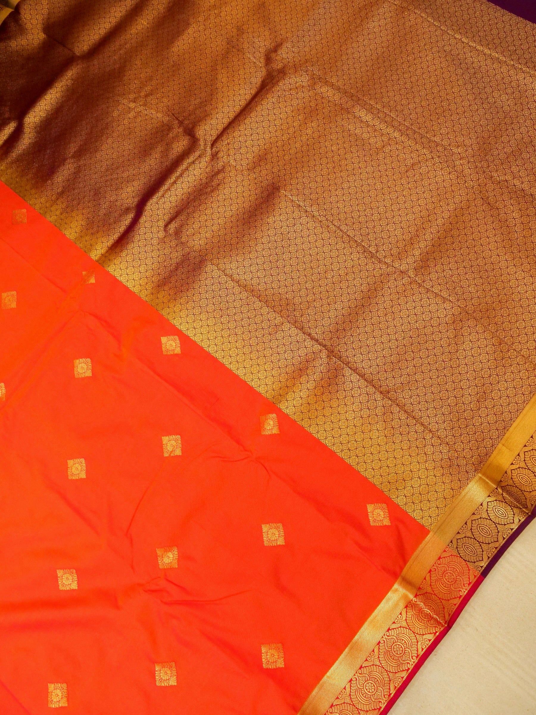 Devi - Vermilion Red Kanjivaram Silk Saree with Korvai Border