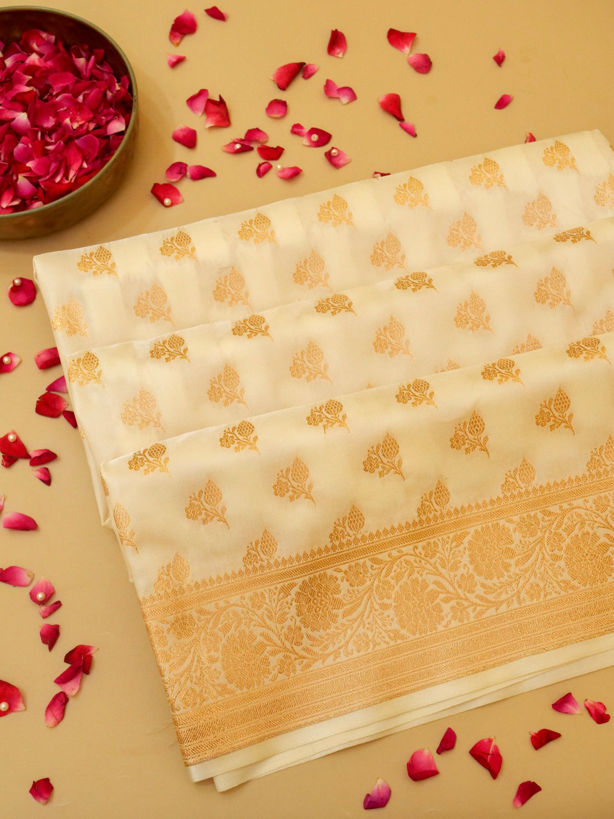 Rich Ivory Cream Banarasi Silk Saree with Gold Zari Weaving