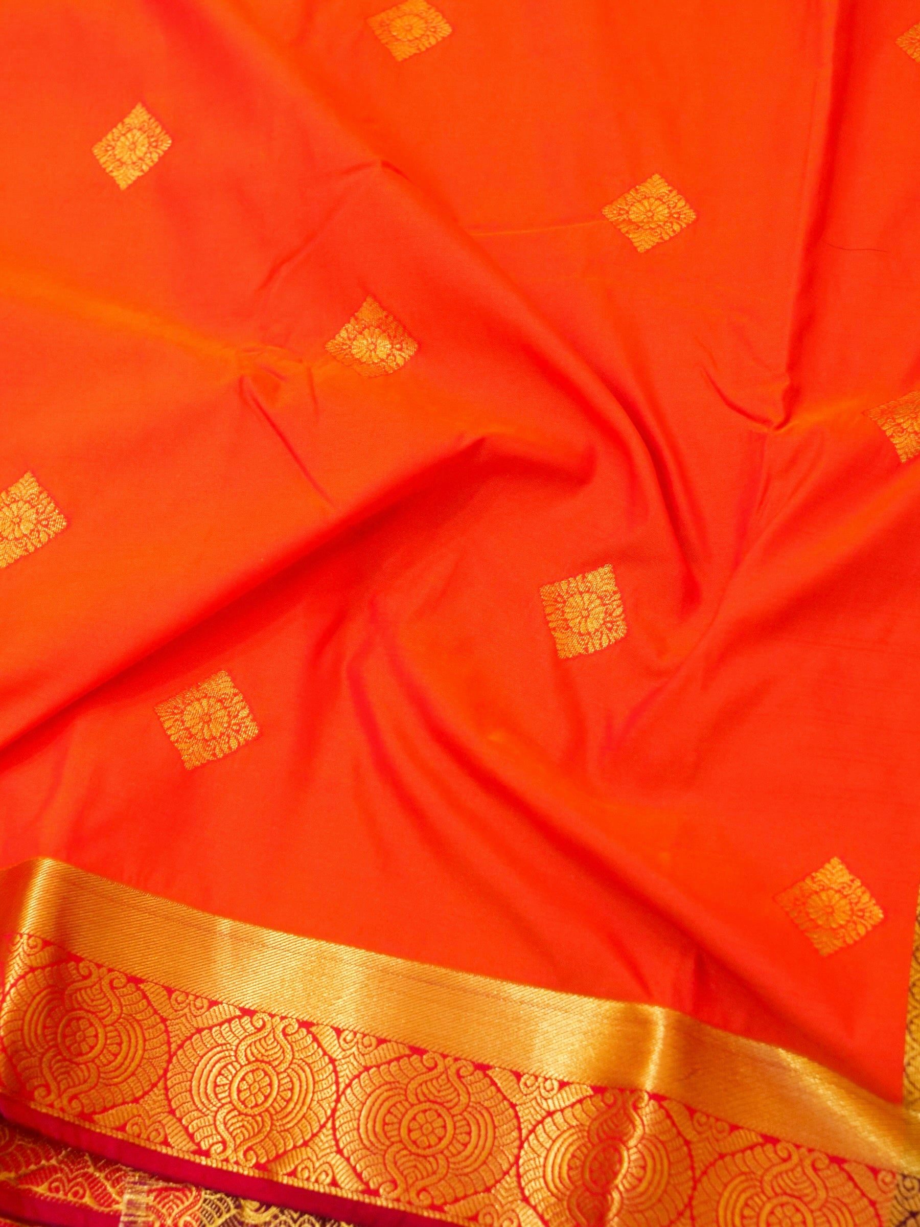 Devi - Vermilion Red Kanjivaram Silk Saree with Korvai Border