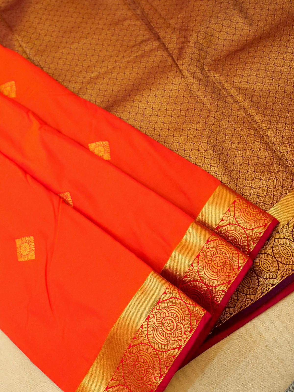 Devi - Vermilion Red Kanjivaram Silk Saree with Korvai Border