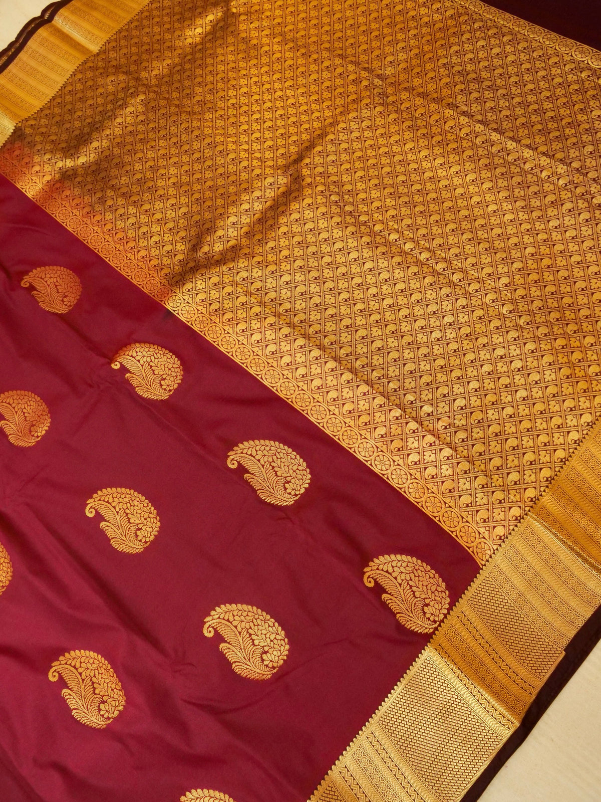 Devi - Burgundy Kanjivaram Silk Saree with Korvai Border