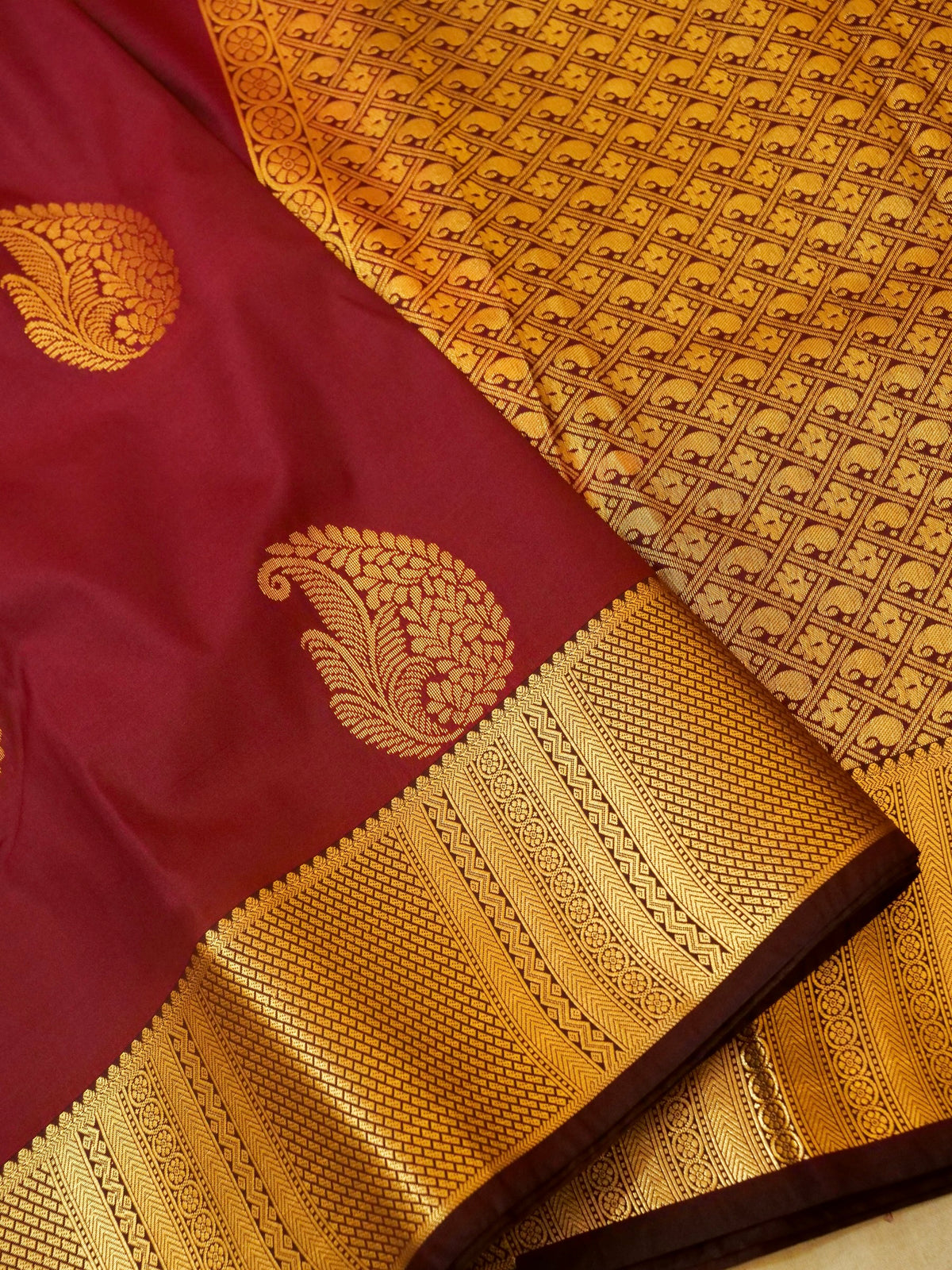 Devi - Burgundy Kanjivaram Silk Saree with Korvai Border