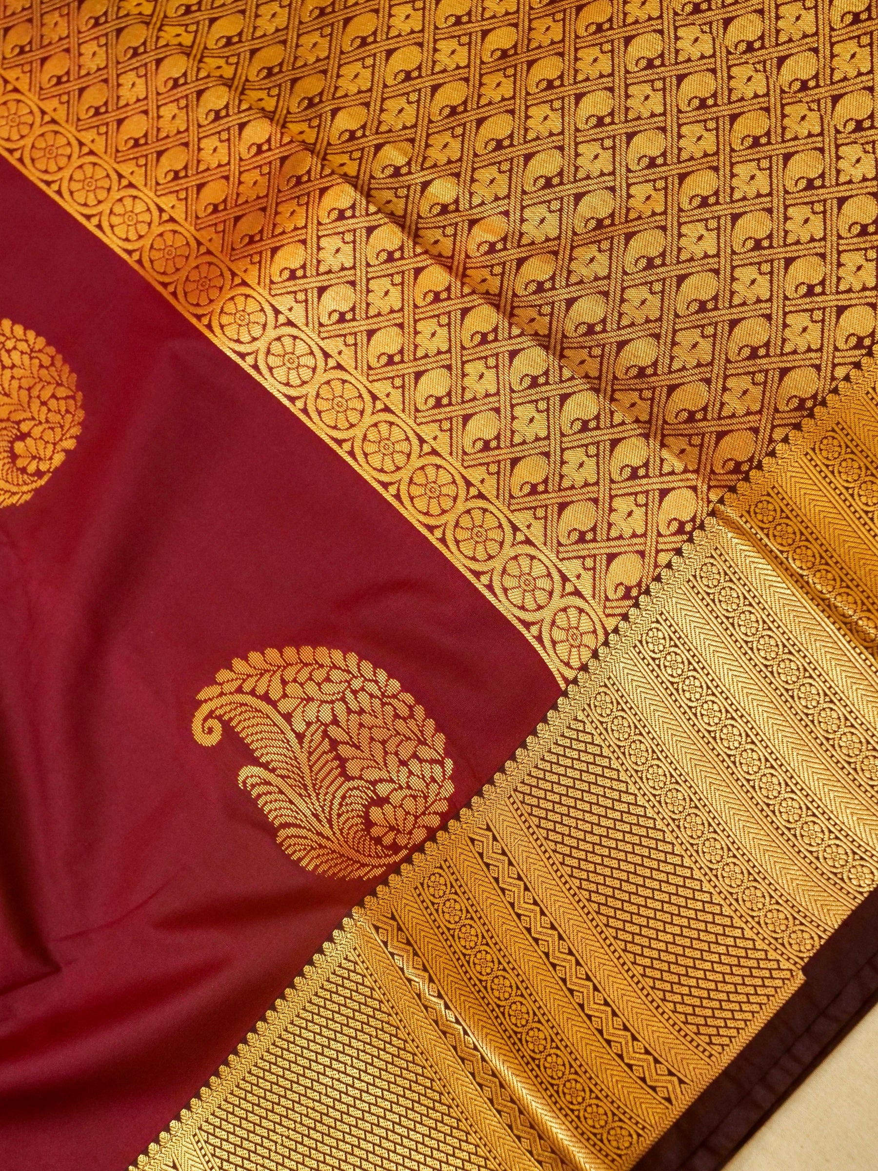 Devi - Burgundy Kanjivaram Silk Saree with Korvai Border