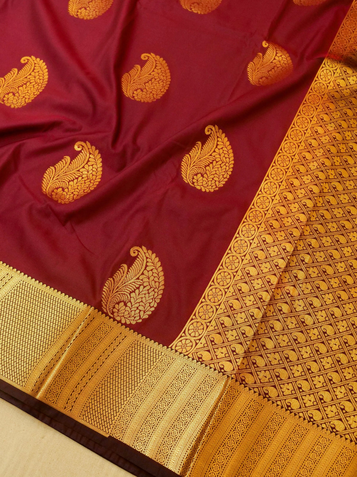 Devi - Burgundy Kanjivaram Silk Saree with Korvai Border
