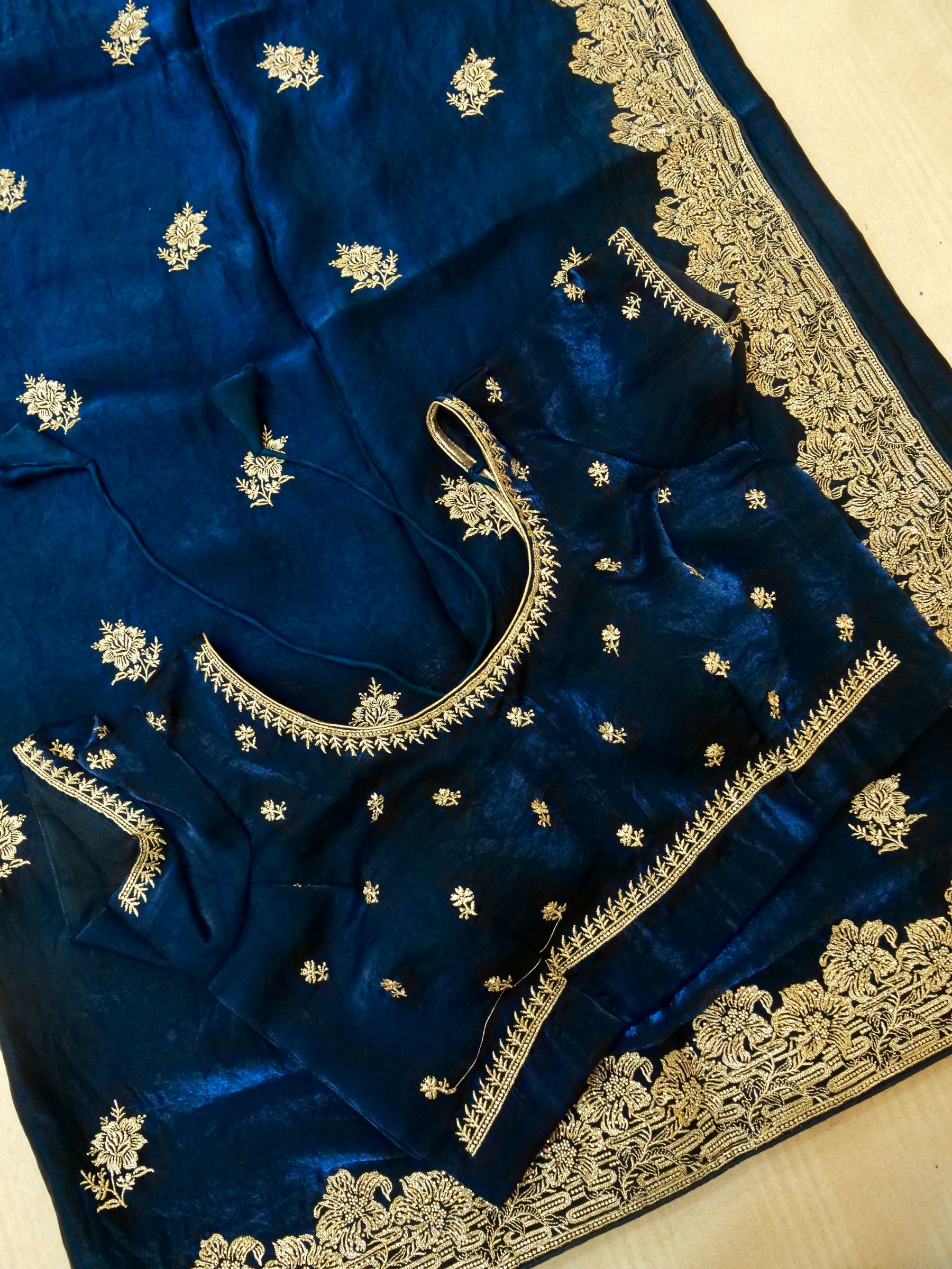 Hibiscus Motifs Designer Saree with Stitched Blouse – Royal Blue