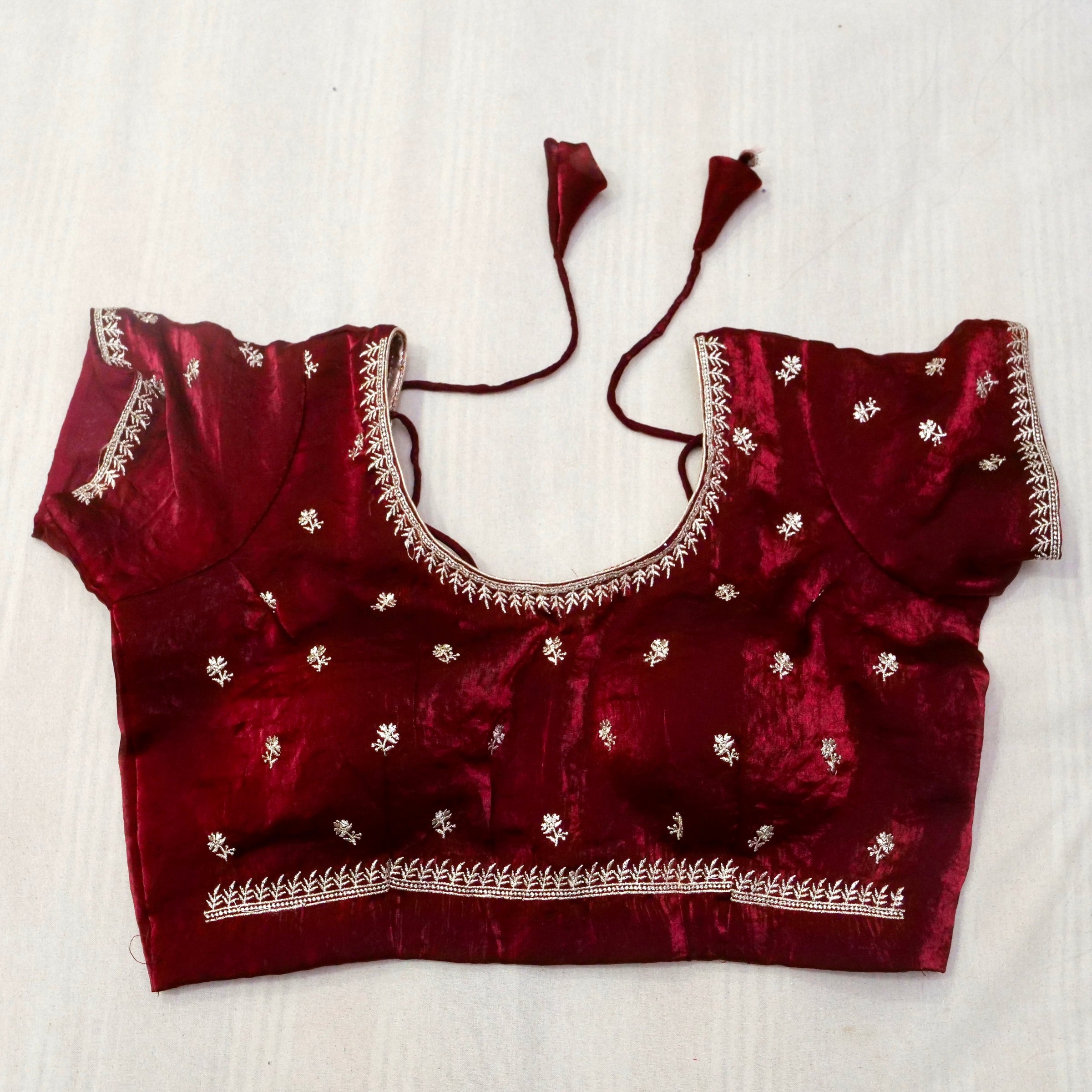 Hibiscus Motifs Designer Saree with Stitched Blouse– Wine Red
