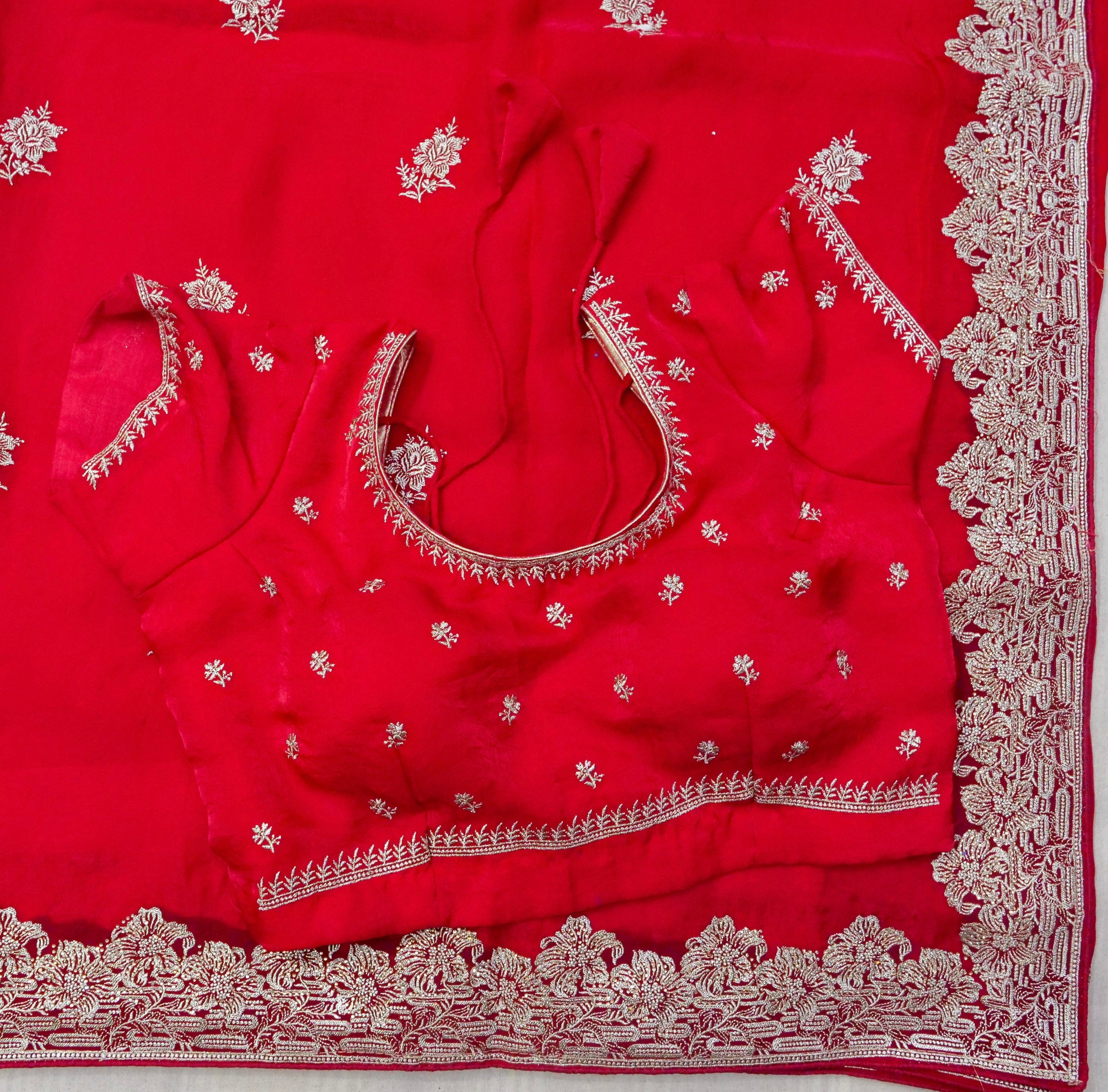Hibiscus Motifs Designer Saree with Stitched Blouse – Ruby Red