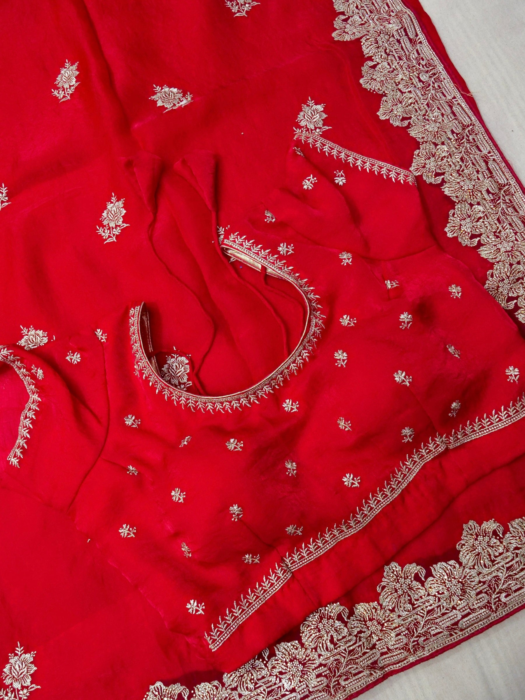 Hibiscus Motifs Designer Saree with Stitched Blouse – Ruby Red