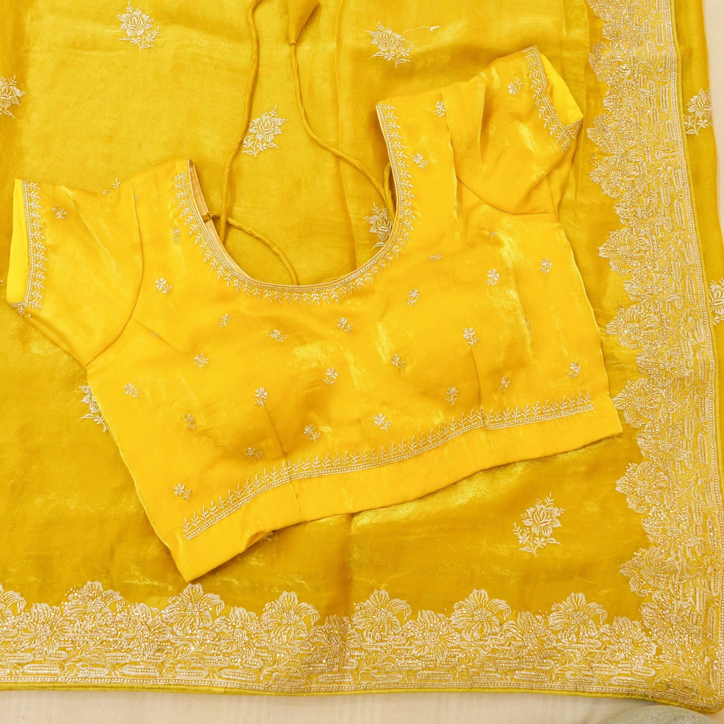 Hibiscus Motifs Designer Saree with Stitched Blouse – Yellow