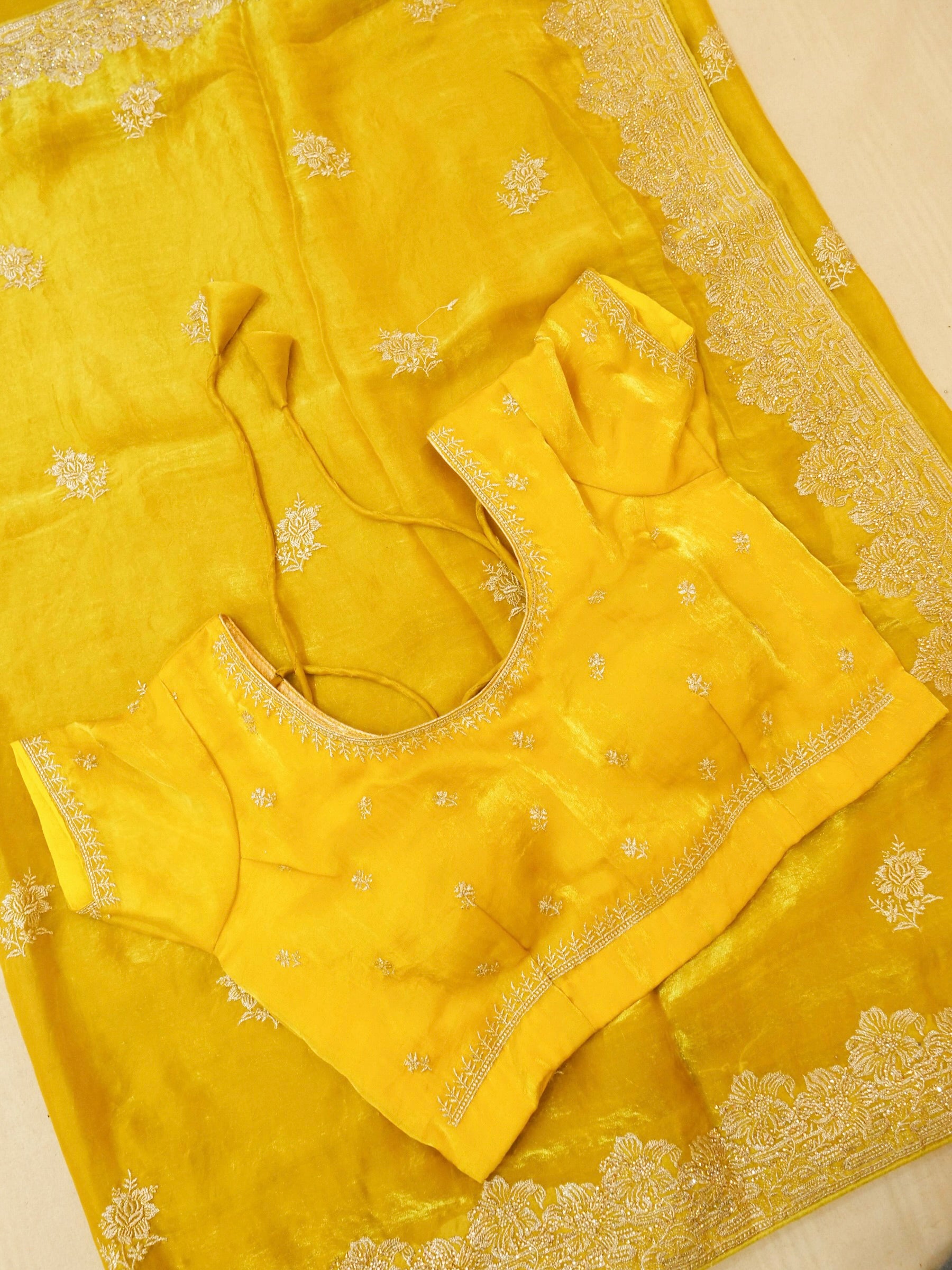 Hibiscus Motifs Designer Saree with Stitched Blouse – Yellow