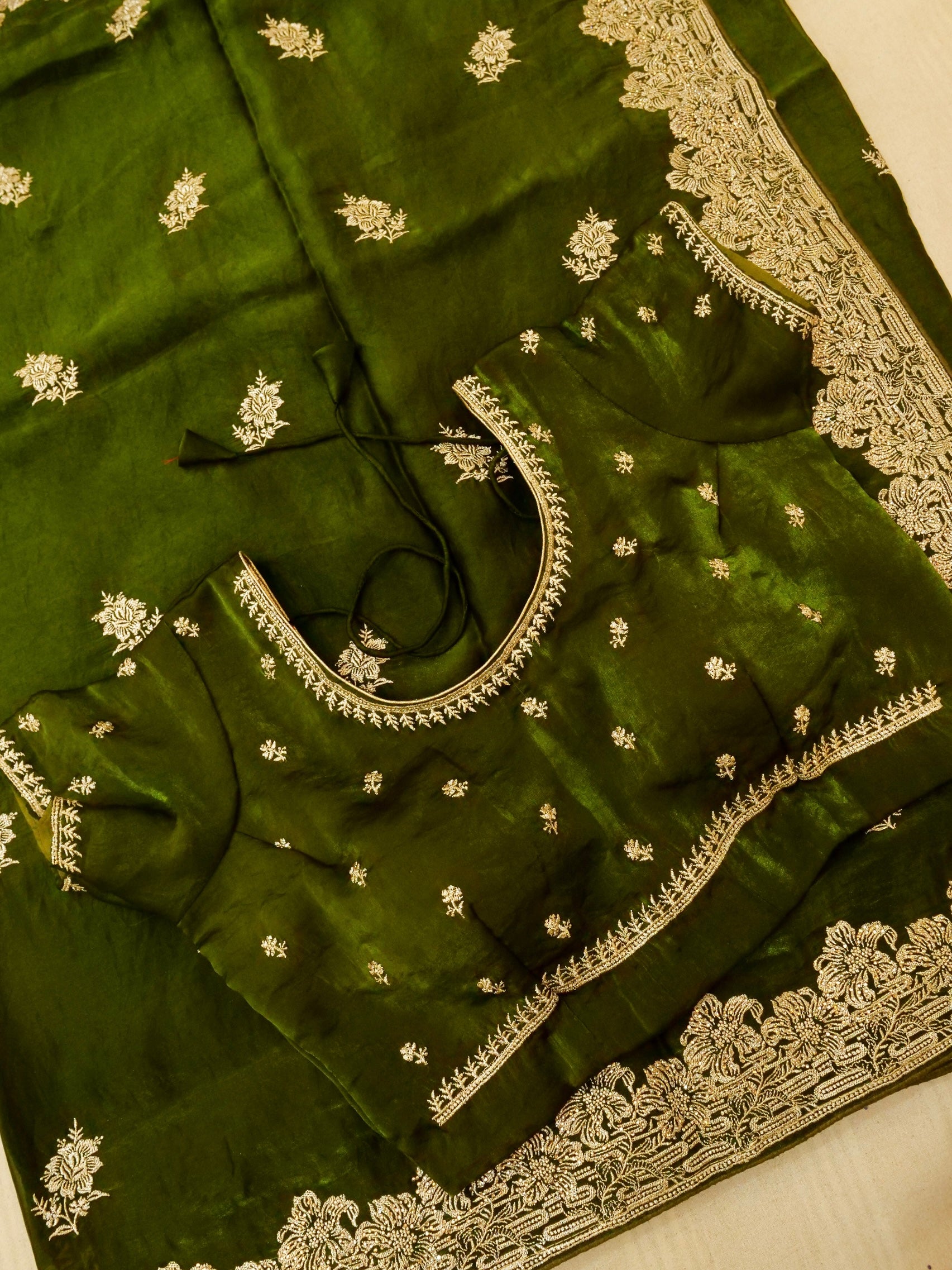 Hibiscus Motifs Designer Saree with Stitched Blouse – Olive Green