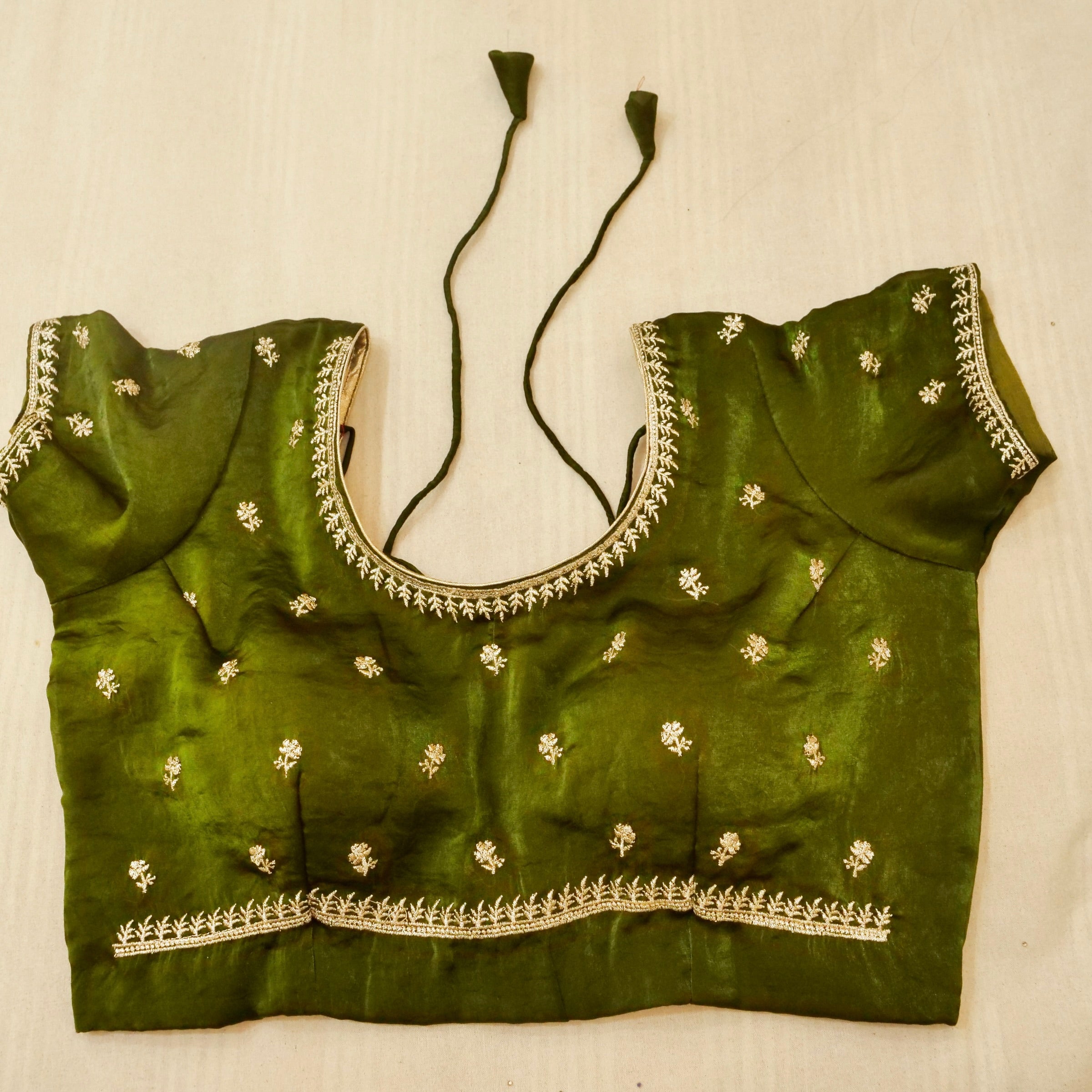 Hibiscus Motifs Designer Saree with Stitched Blouse – Olive Green