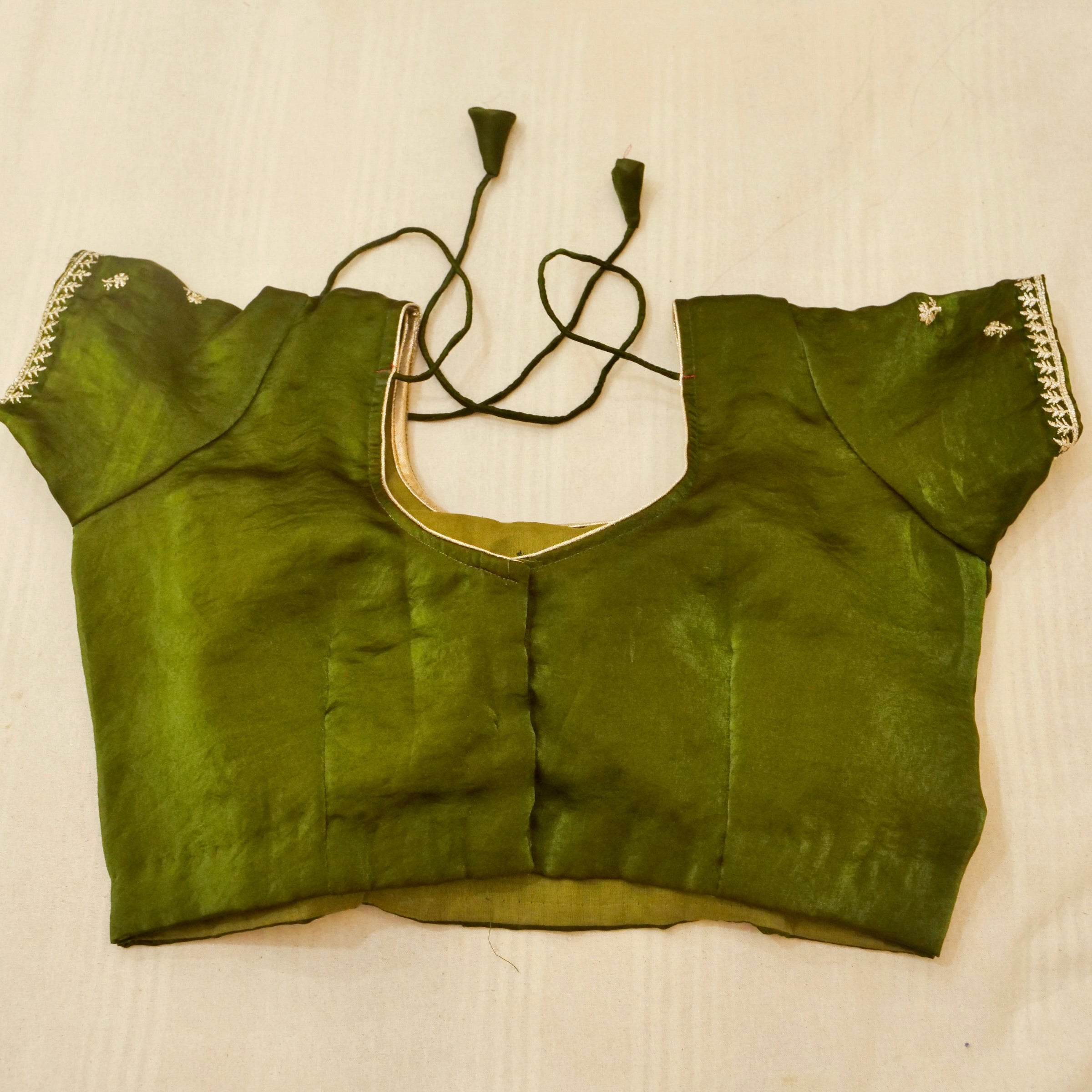 Hibiscus Motifs Designer Saree with Stitched Blouse – Olive Green