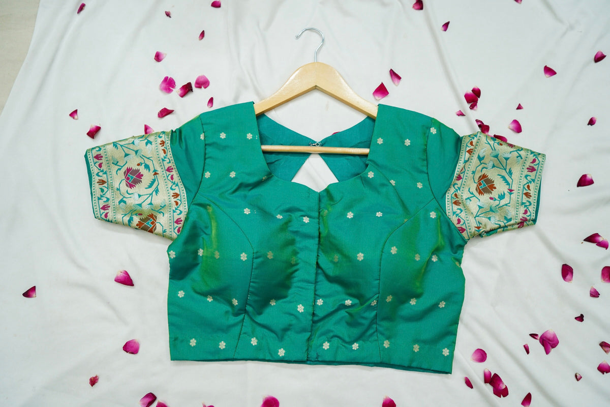 Peshavi - Turquoise Green Paithani Silk Saree with Stitched Blouse