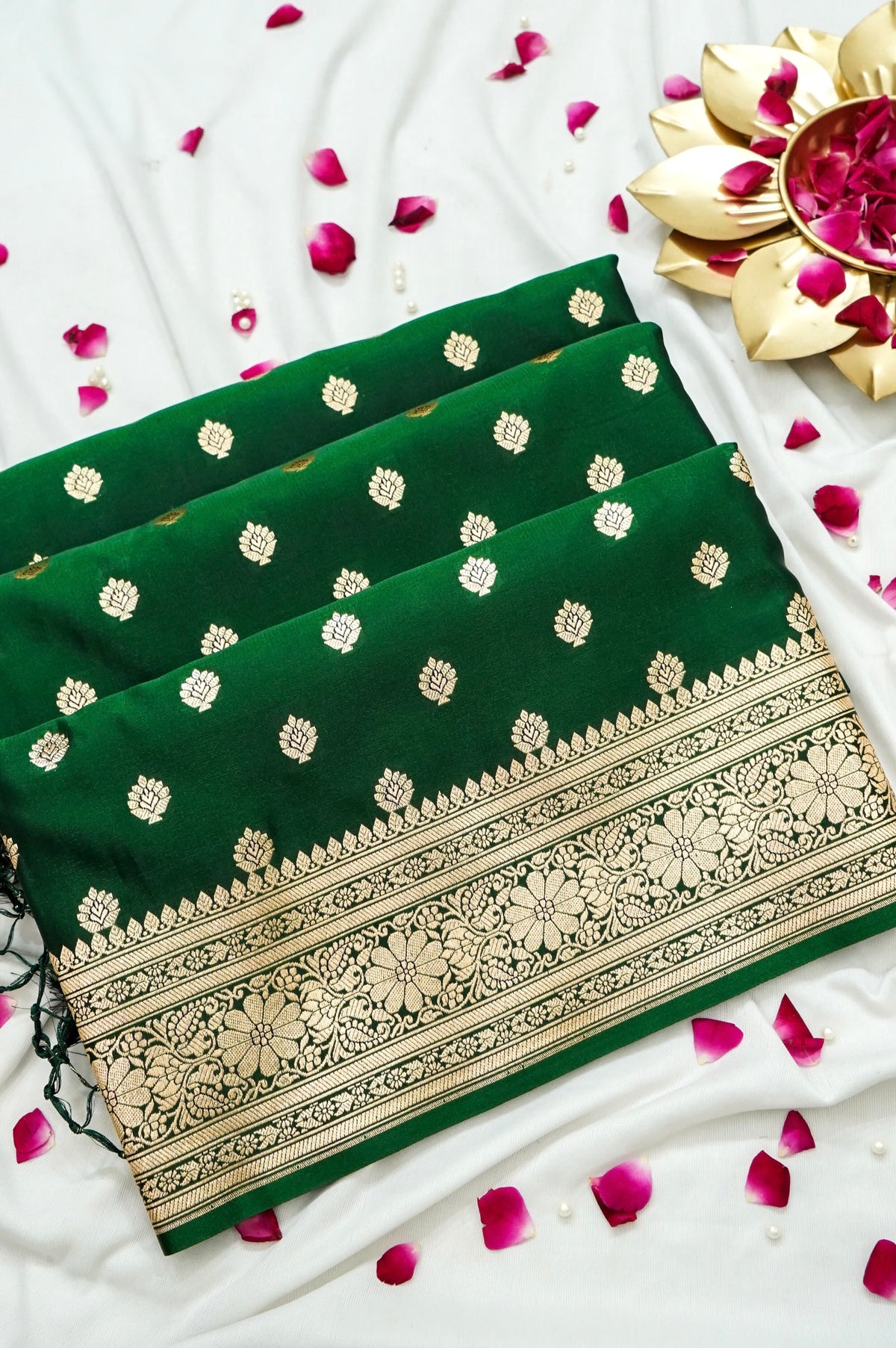 Royal Bottle Green Banarasi Silk Saree with Golden Zari Weave
