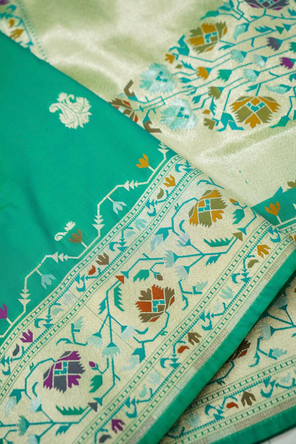 Peshavi - Turquoise Green Paithani Silk Saree with Stitched Blouse