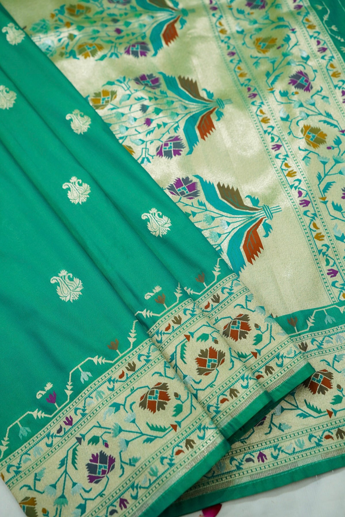 Peshavi - Turquoise Green Paithani Silk Saree with Stitched Blouse