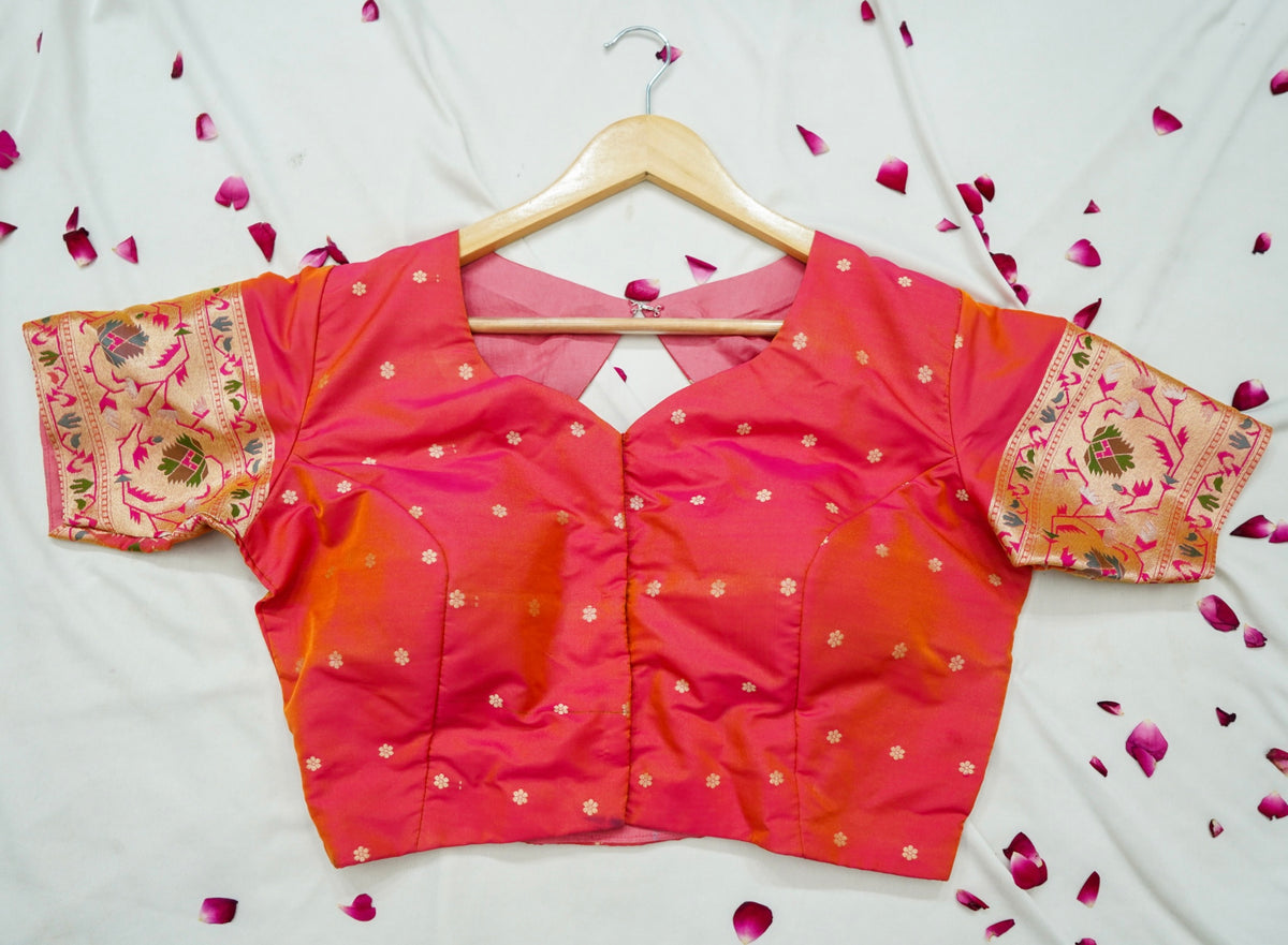 Peshavi - Peachish Orange Paithani Silk Saree with Stitched Blouse