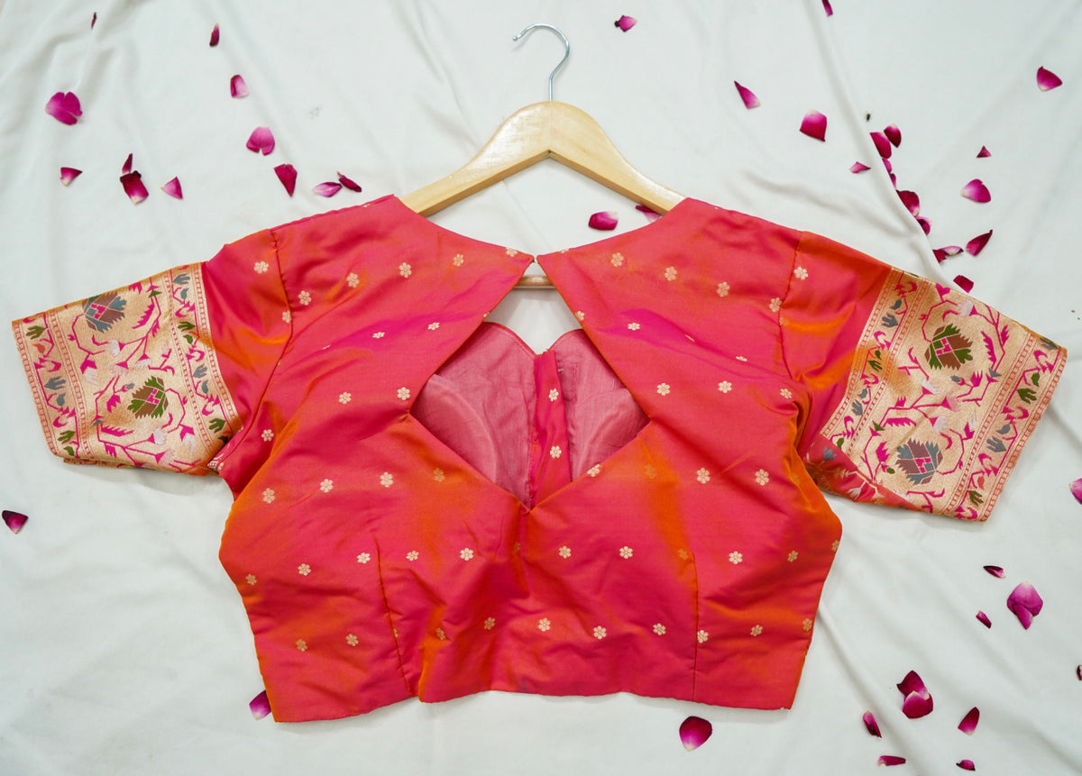 Peshavi - Peachish Orange Paithani Silk Saree with Stitched Blouse