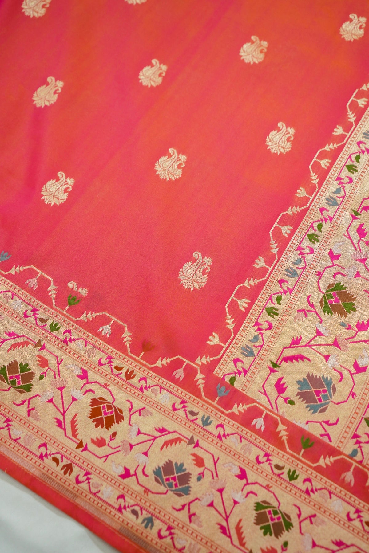 Peshavi - Peachish Orange Paithani Silk Saree with Stitched Blouse