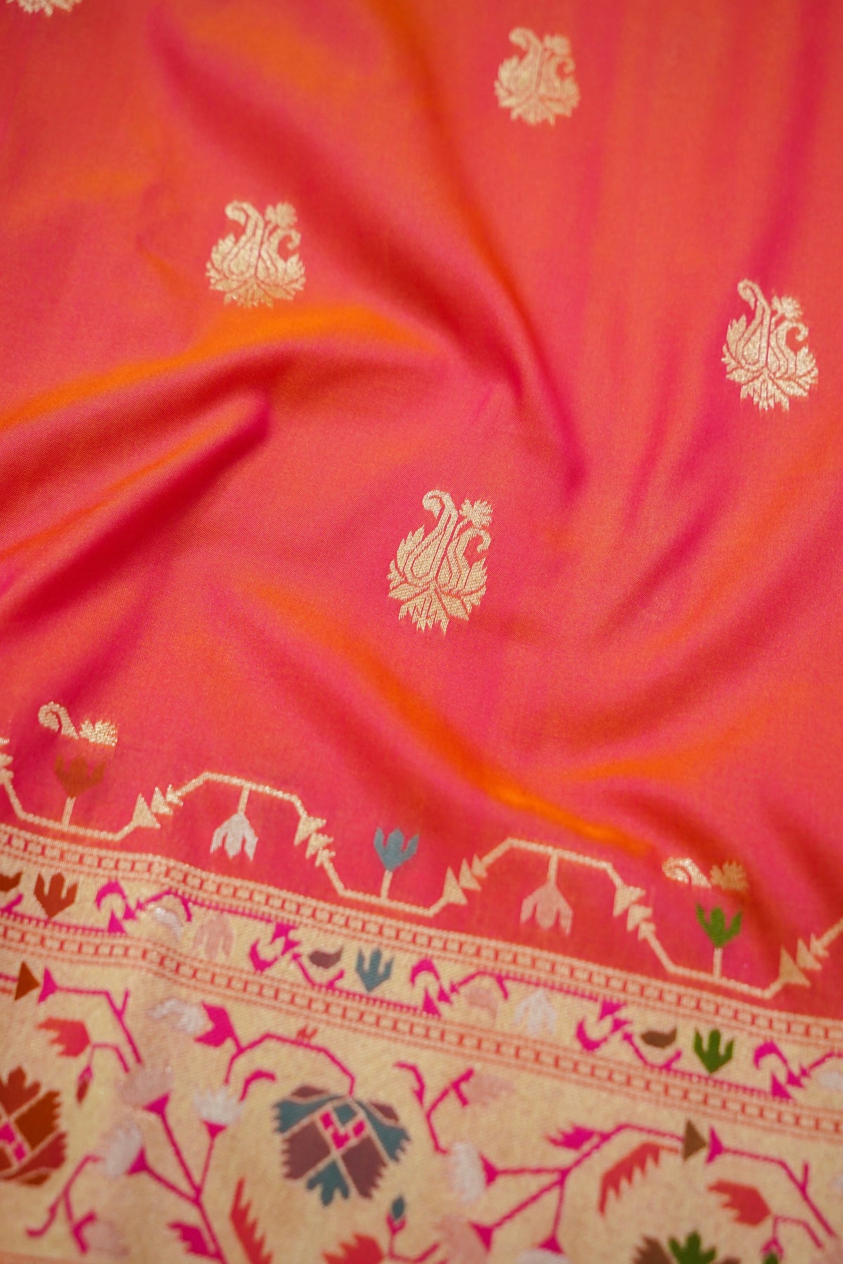 Peshavi - Peachish Orange Paithani Silk Saree with Stitched Blouse