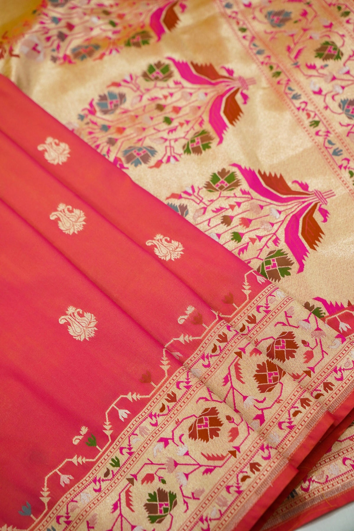 Peshavi - Peachish Orange Paithani Silk Saree with Stitched Blouse