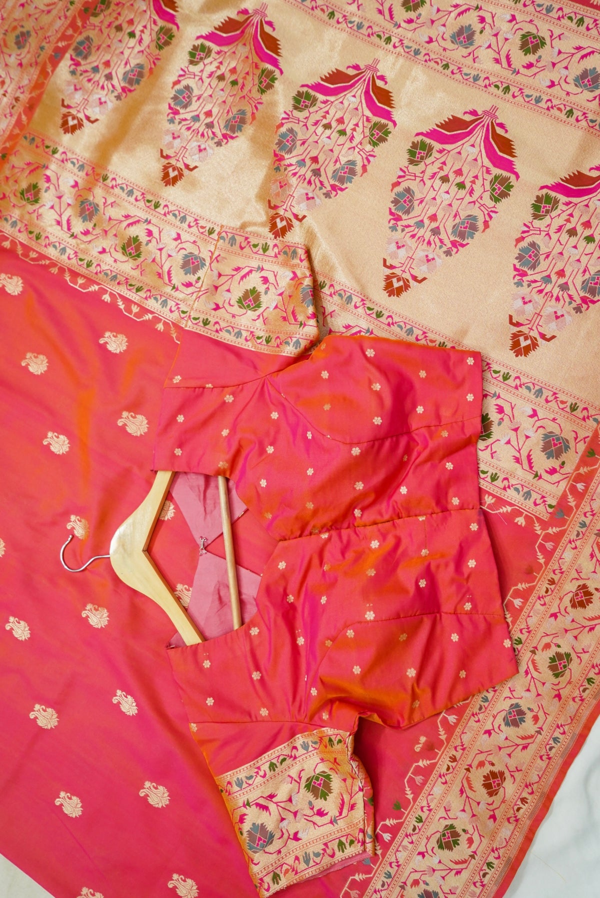 Peshavi - Peachish Orange Paithani Silk Saree with Stitched Blouse