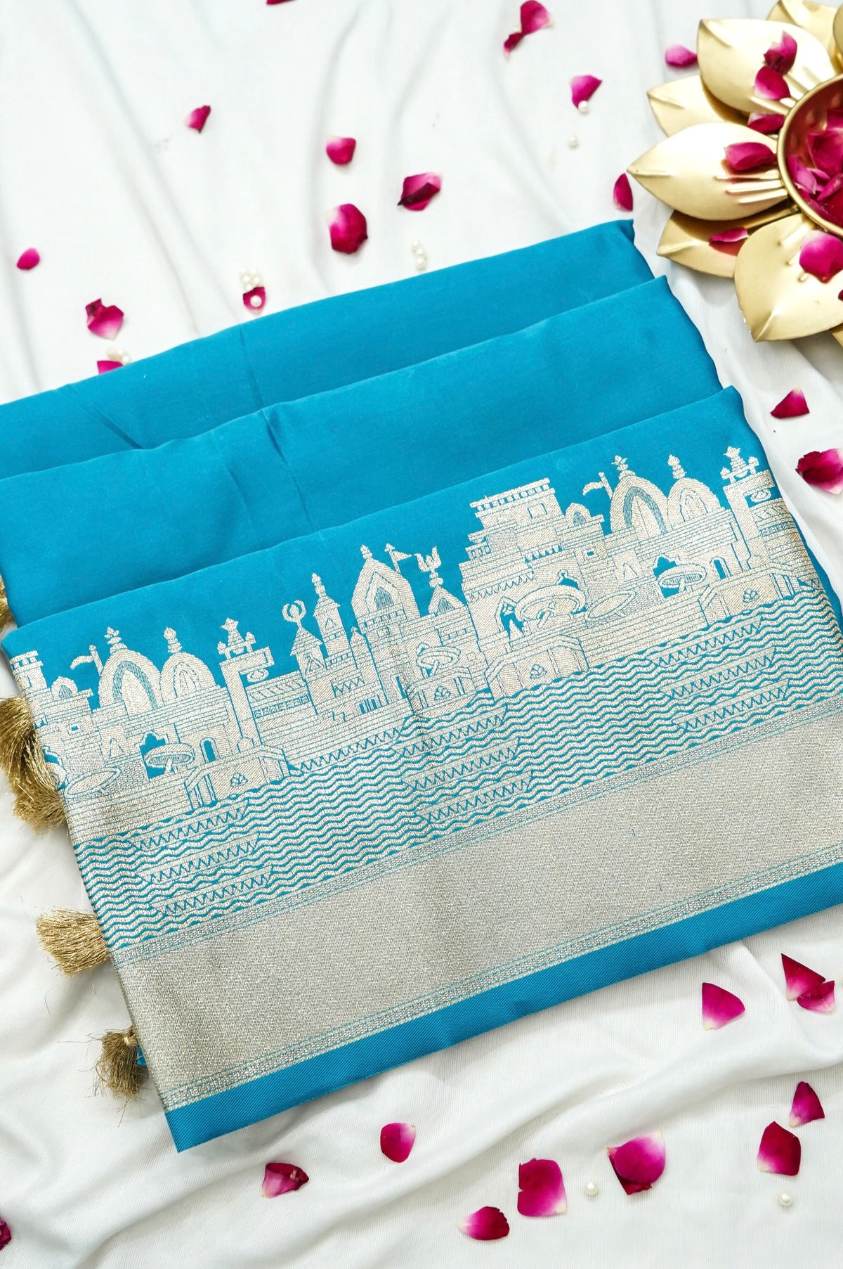 Rihar - Pastel Blue Ghat Border Banarasi Silk Saree with Stitched Blouse