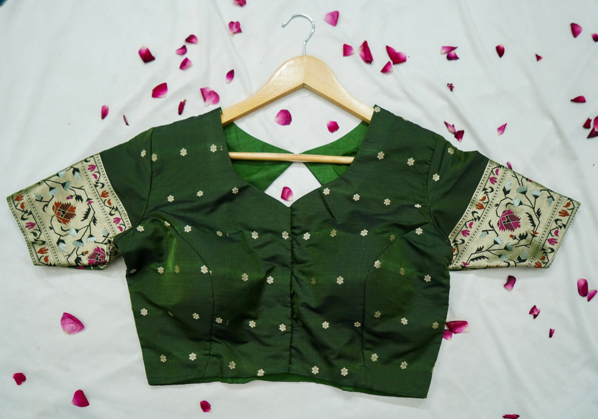 Peshavi - Forest Green Paithani Silk Saree with Stitched Blouse