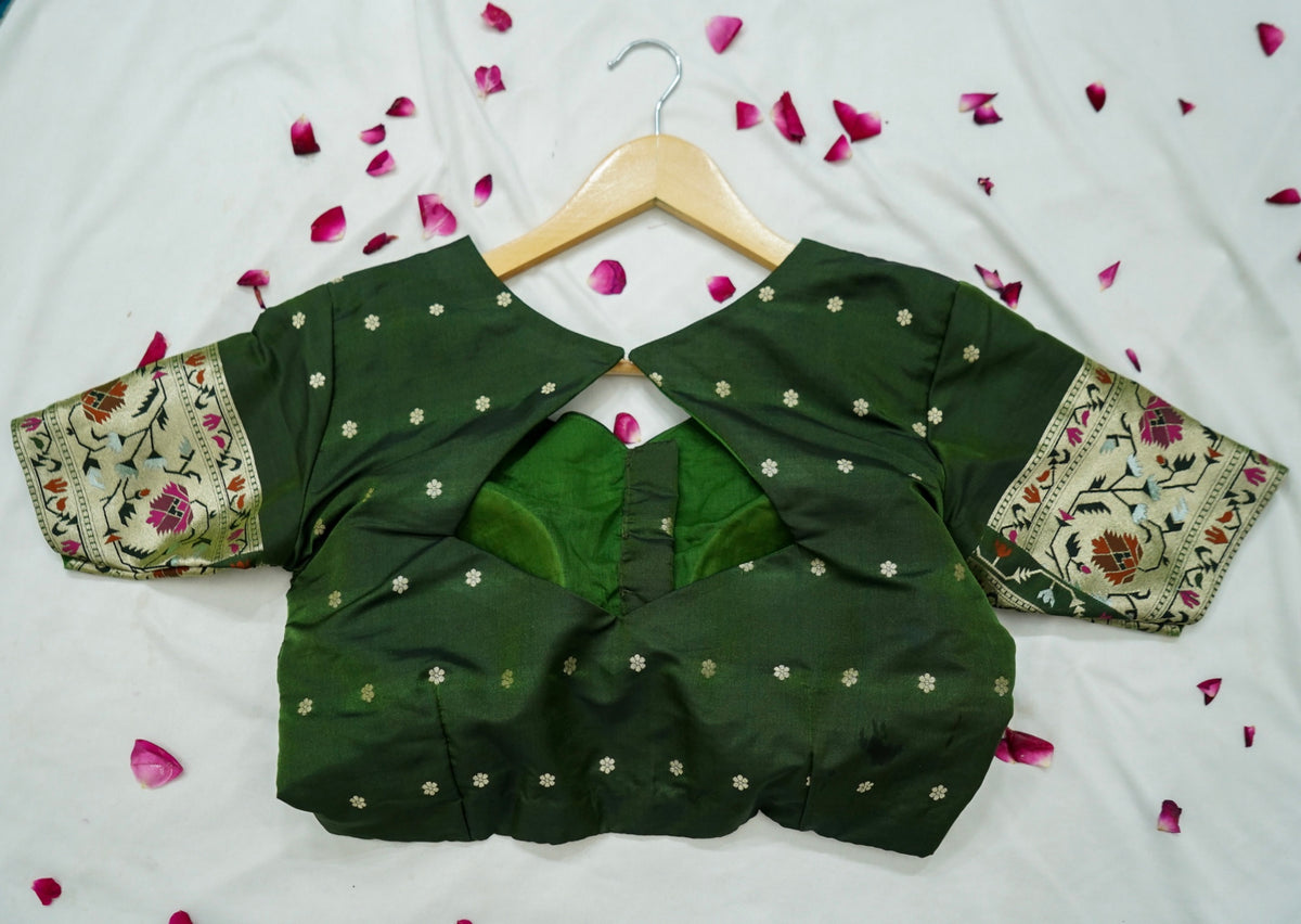 Peshavi - Forest Green Paithani Silk Saree with Stitched Blouse